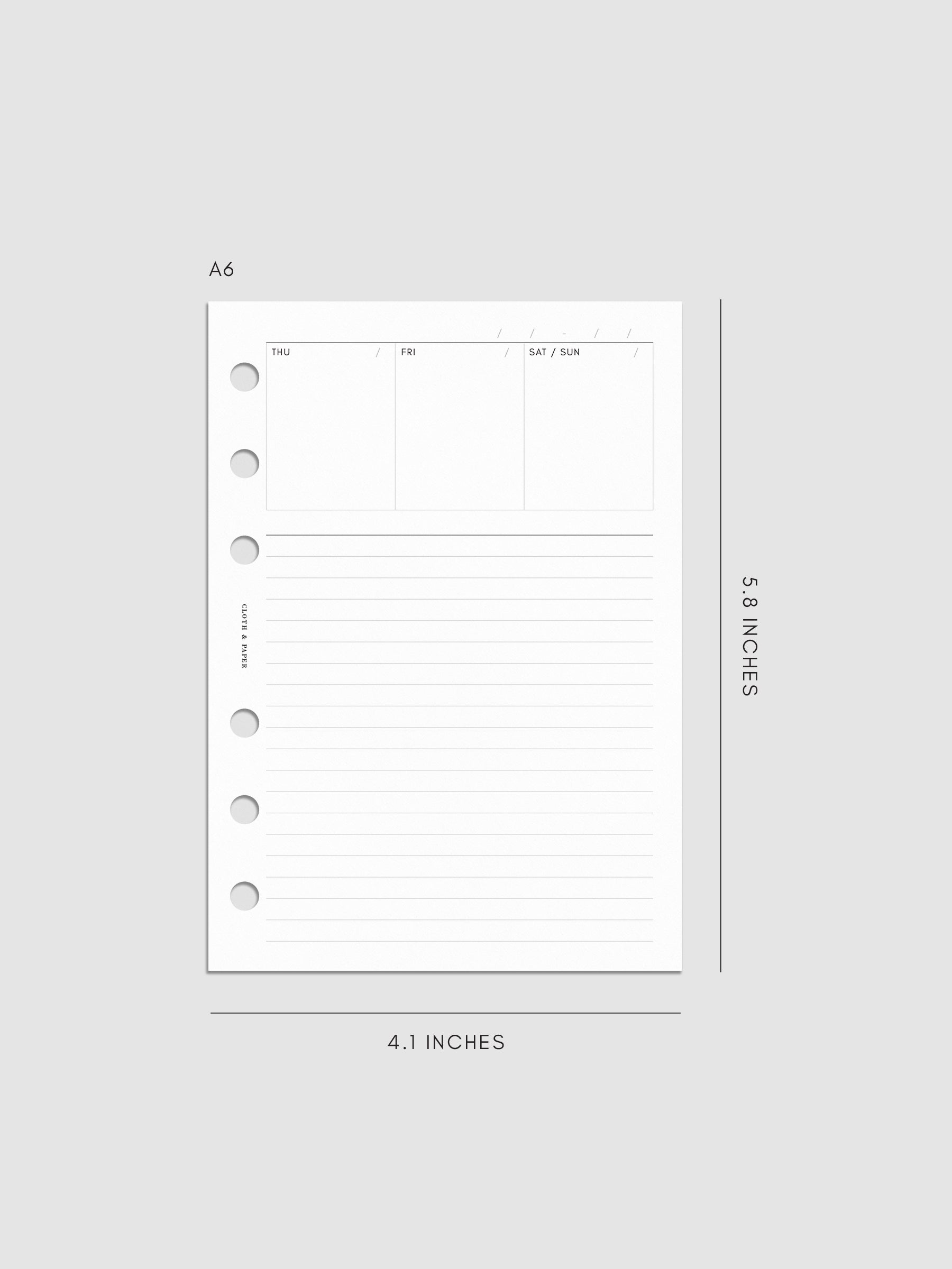 Undated Weekly Notes Planner Inserts in size A6
