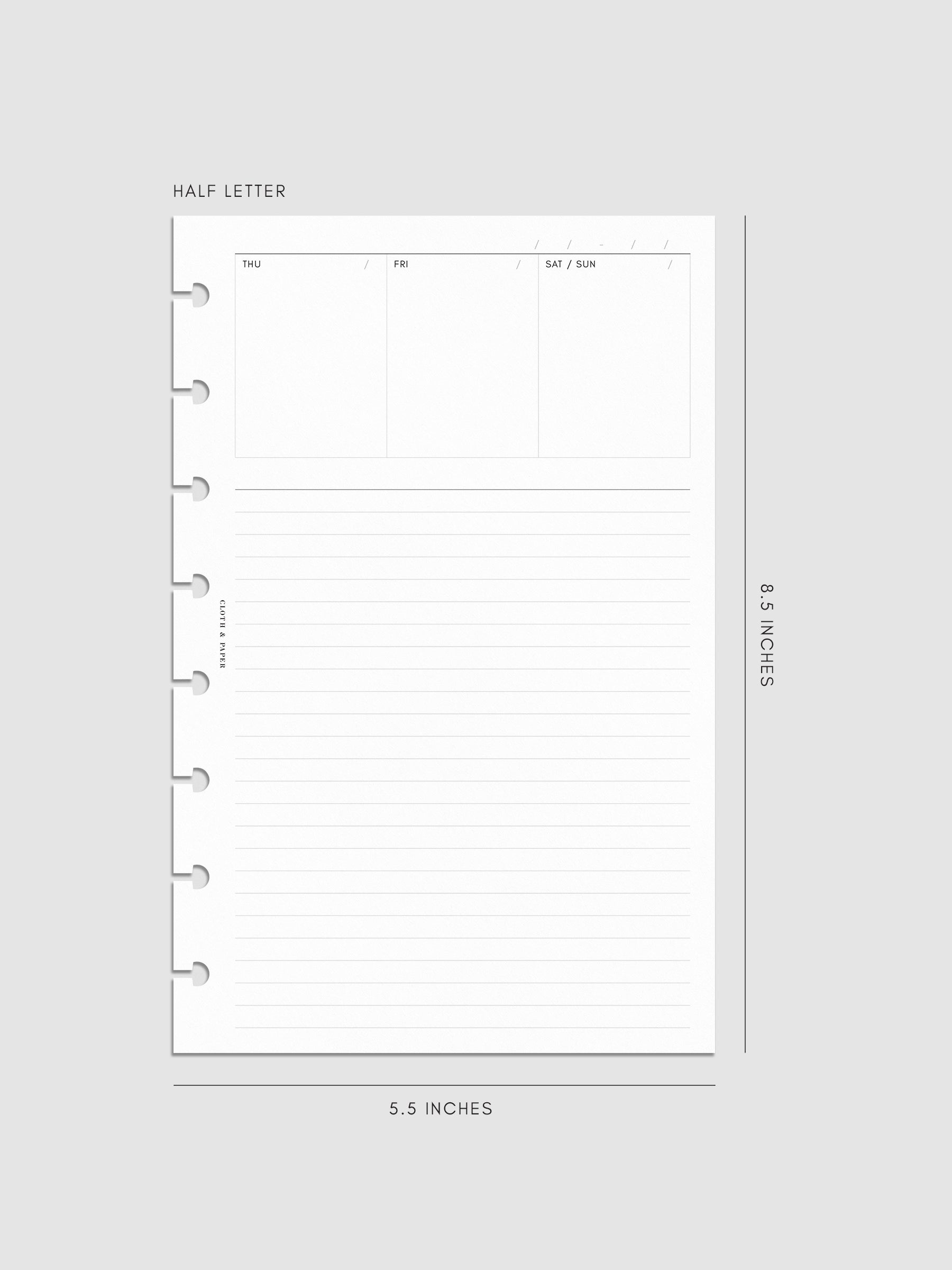 Undated Weekly Notes Planner Inserts in size Half Letter