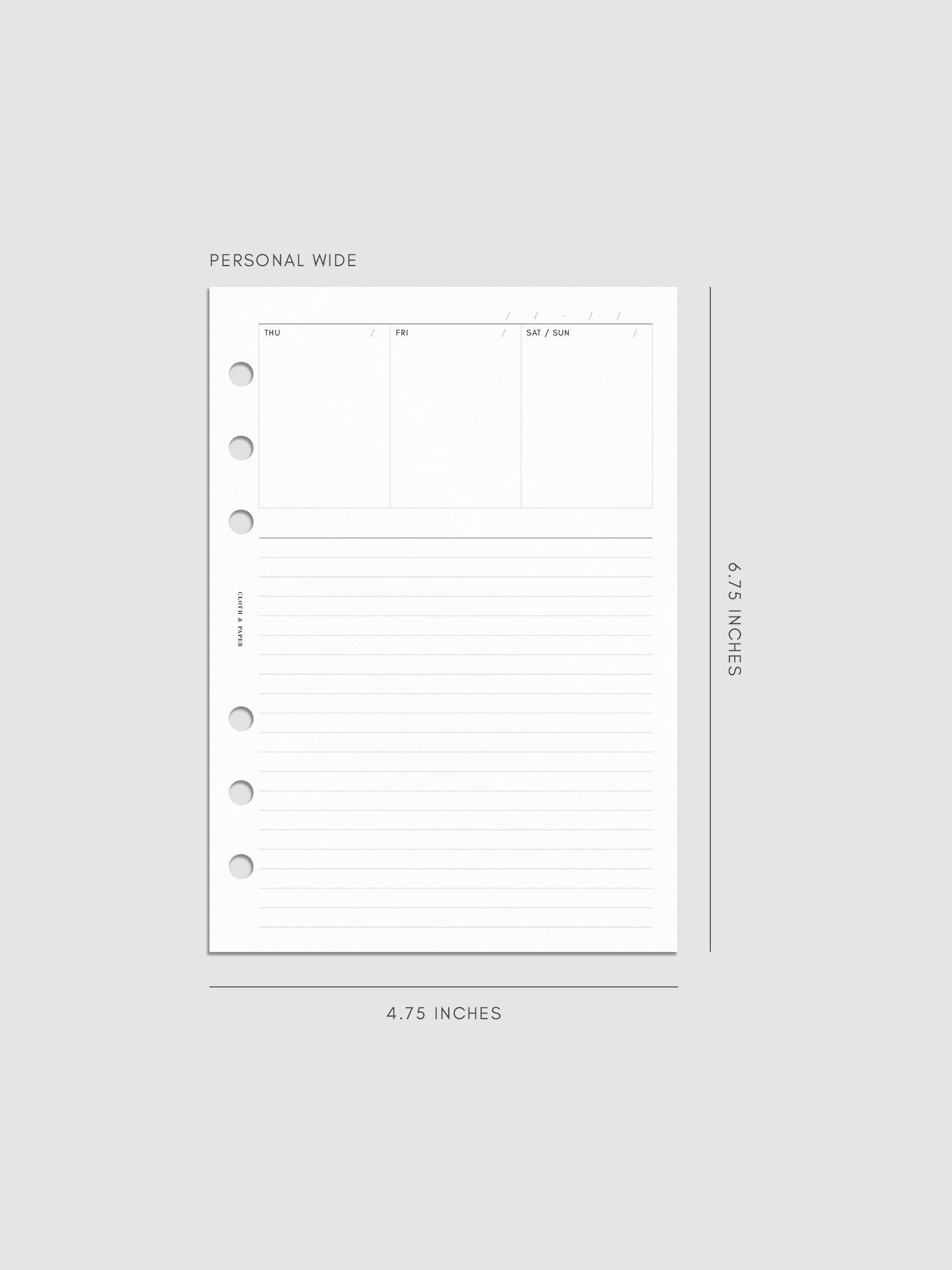 Undated Weekly Notes Planner Inserts in size Personal Wide