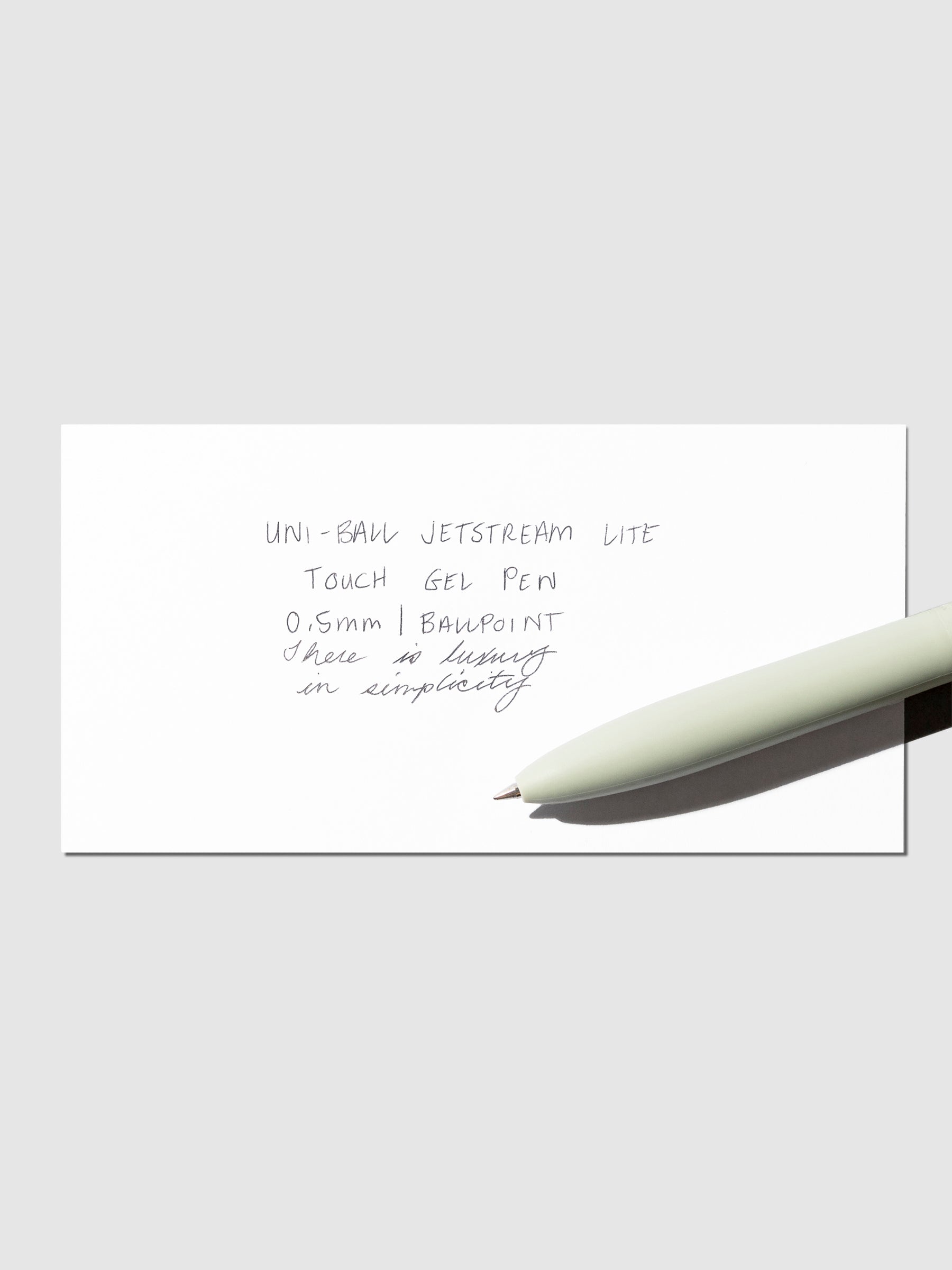 Image shows a pen test sheet of the Uni-ball Jetstream LiteTouch Gel Pen in Sage.