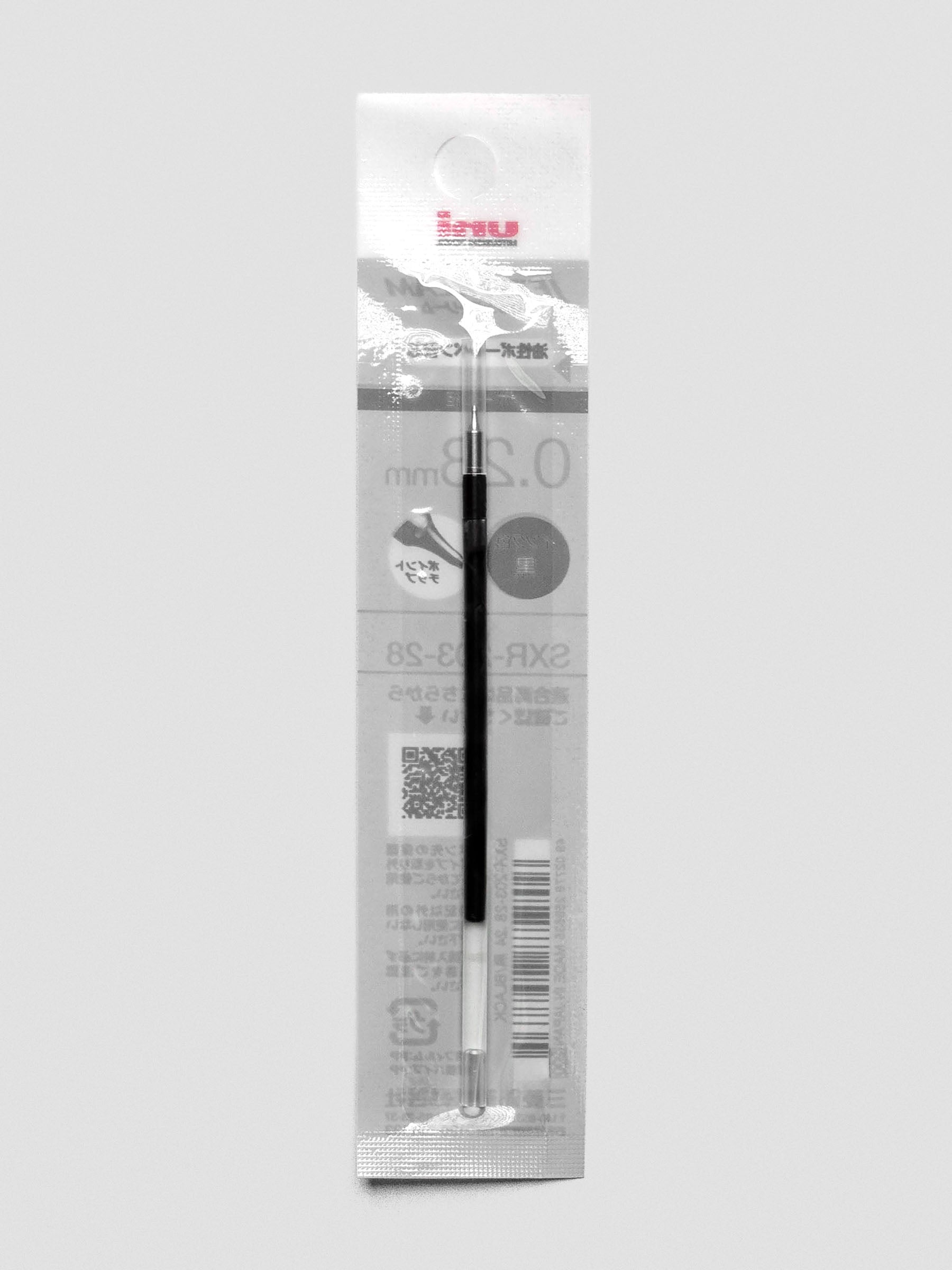 Front view of a pen refill with black ink shown in packaging.
