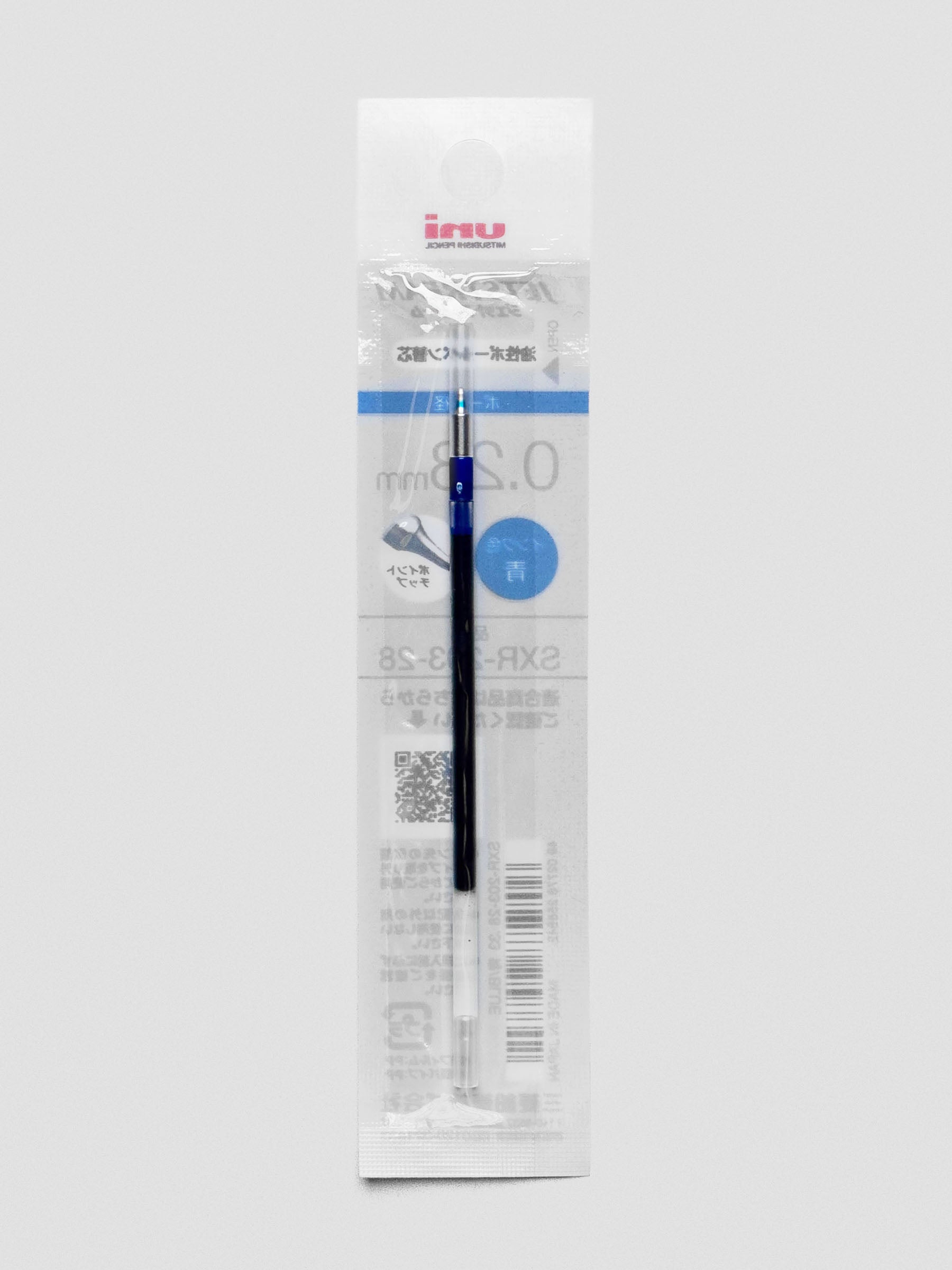 Front view of a pen refill with blue ink shown in packaging.