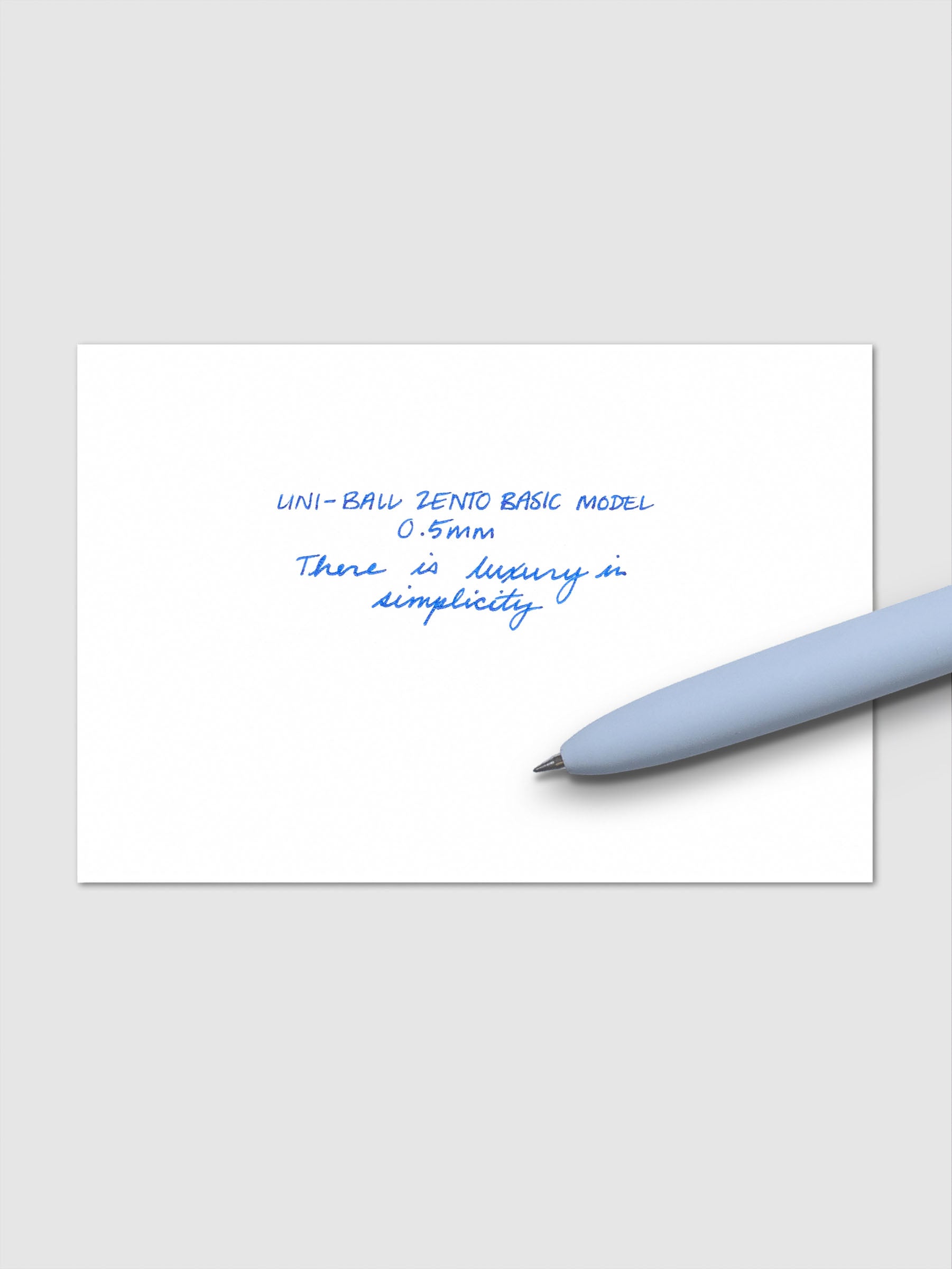 Handwritten writing sample using the Uni-ball Zento Basic Model Pen in Blue with nib size 0.5 mm.