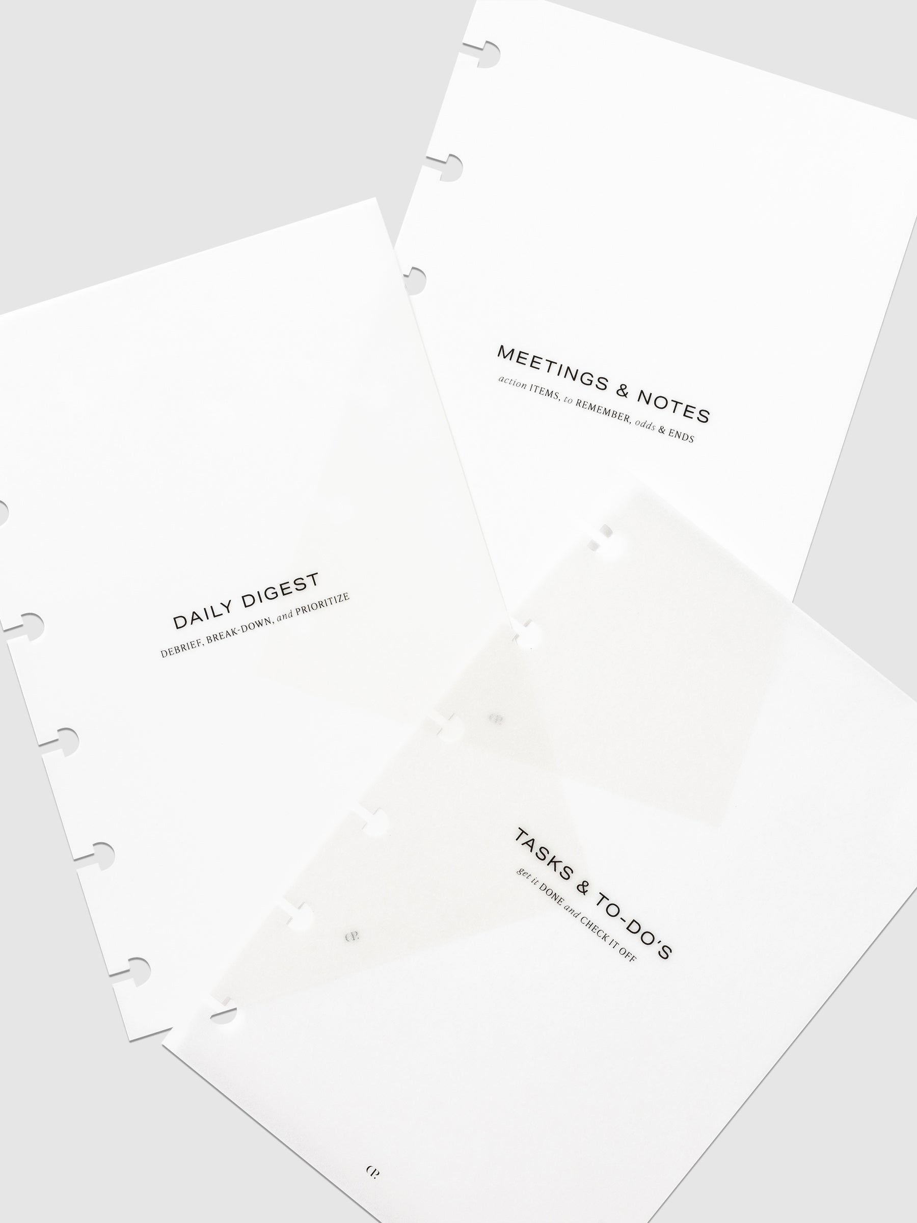 Volume 3 "Workflow" dashboards displayed on a neutral background. From top to bottom, the text on them reads "meetings and notes" "daily digest" and "tasks and to-do's."