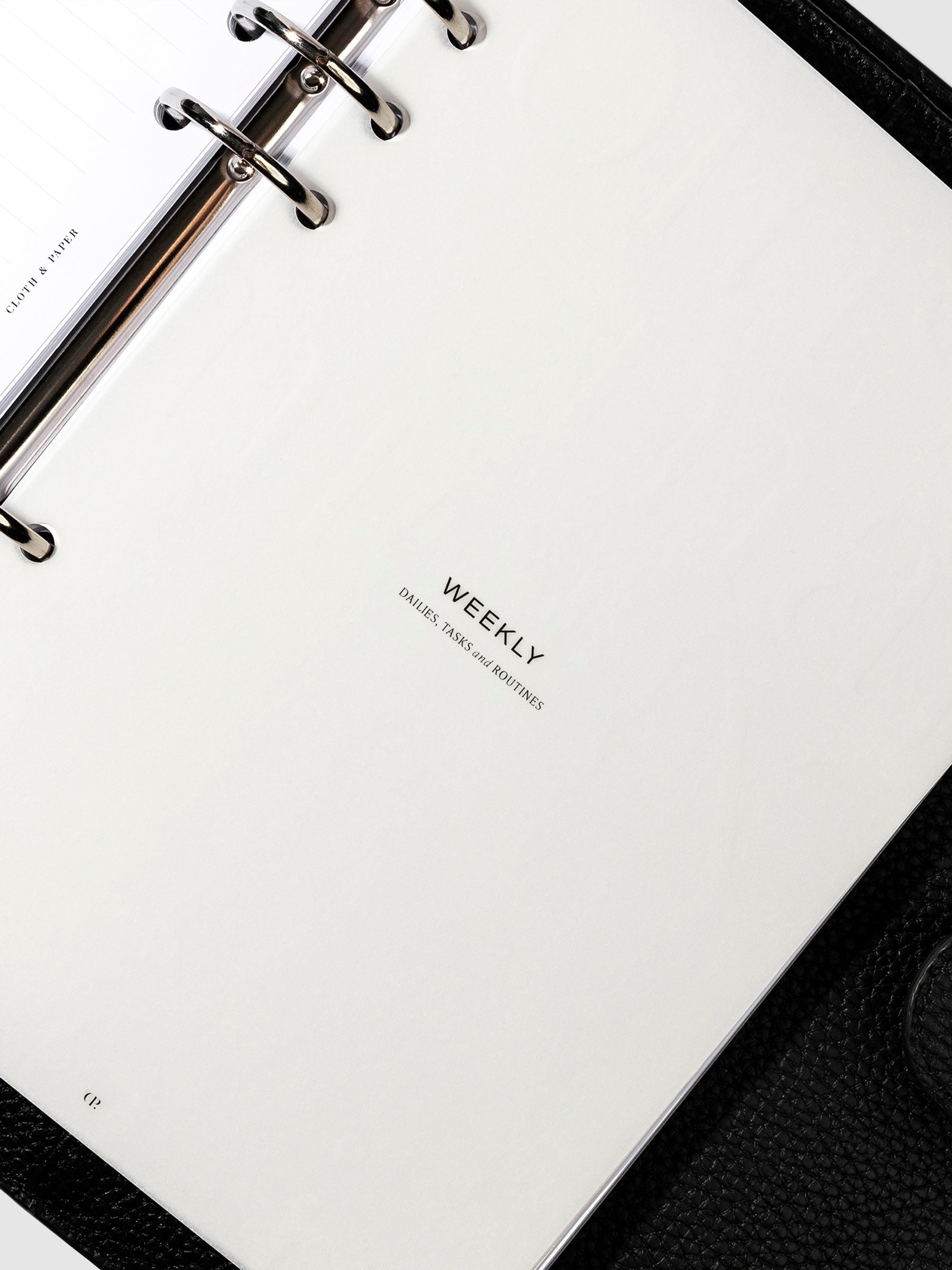 Weekly dashboard in use inside a leather planner.