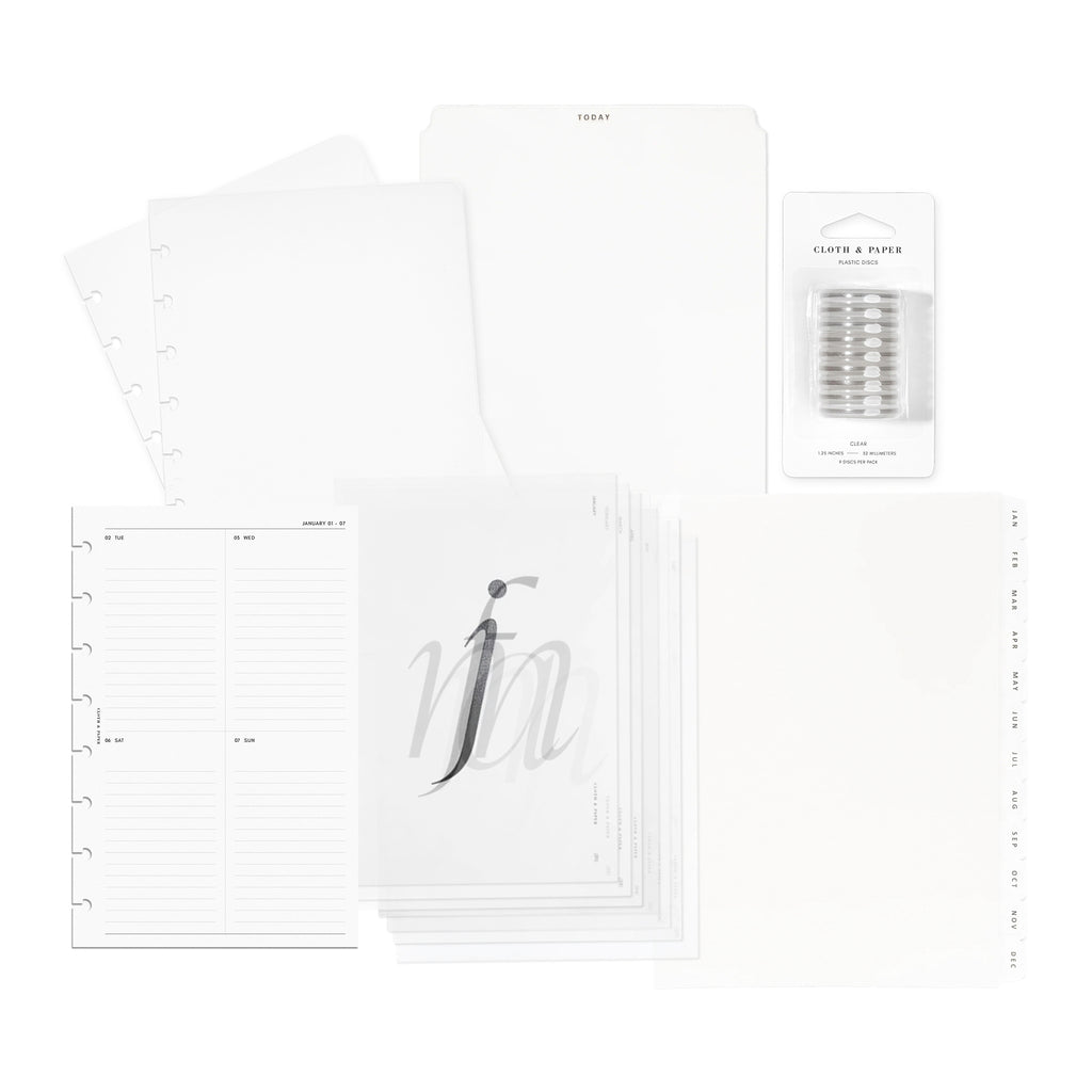 2024 Dated Planner Bundle | Horizontal Weekly, Cloth and Paper. Bundle displayed on a white background - a clear vinyl planner, today tab, 2024 Dated Vertical Weekly Monday Start Inserts, Monthly Cover Planner Dashboard Set, and Monthly Divider Tabs. Size shown is Half Letter. 