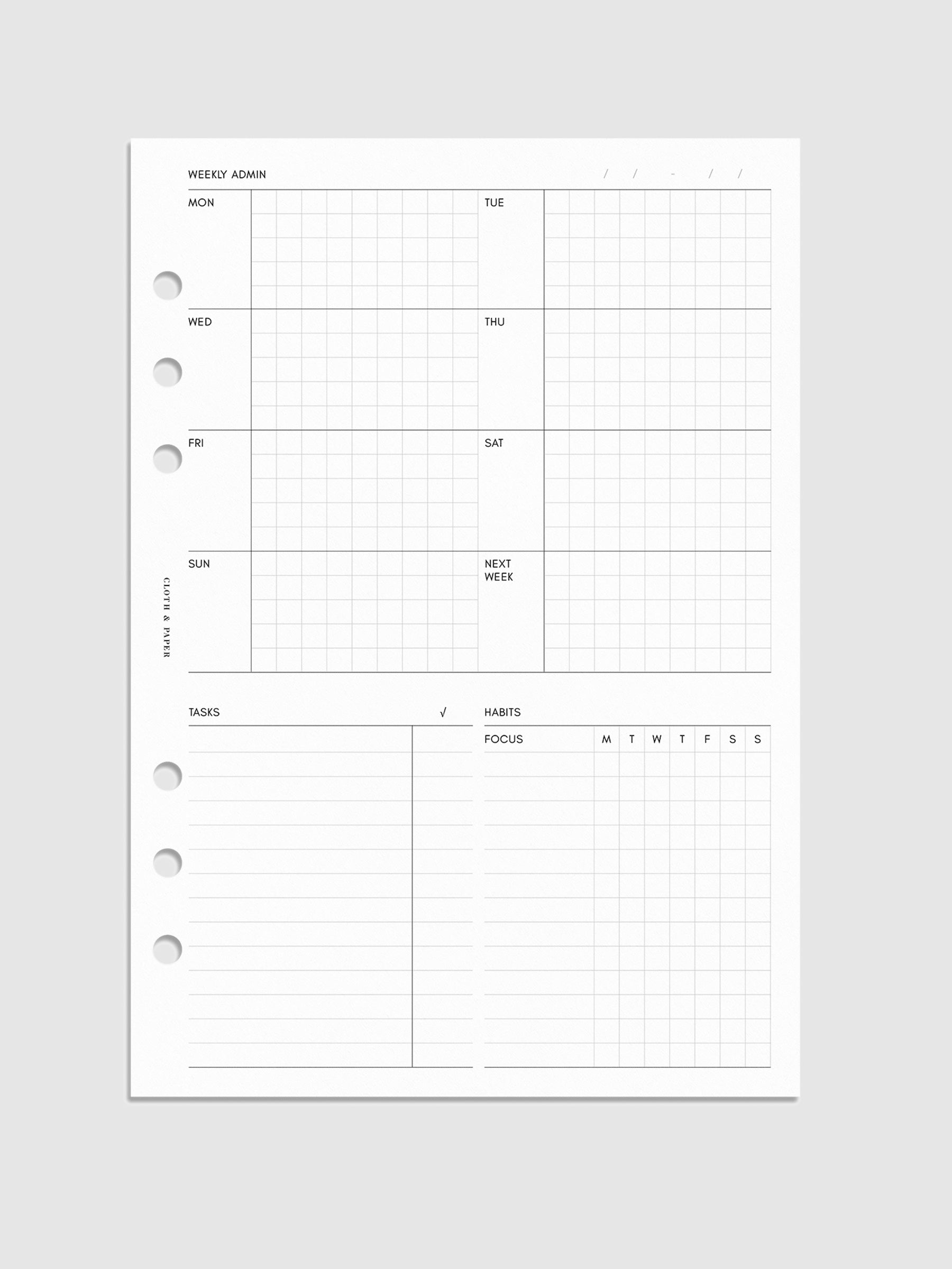 Weekly Admin Planner Inserts, Monday Start, Cloth and Paper. Mockup of insert in A5 sizing.