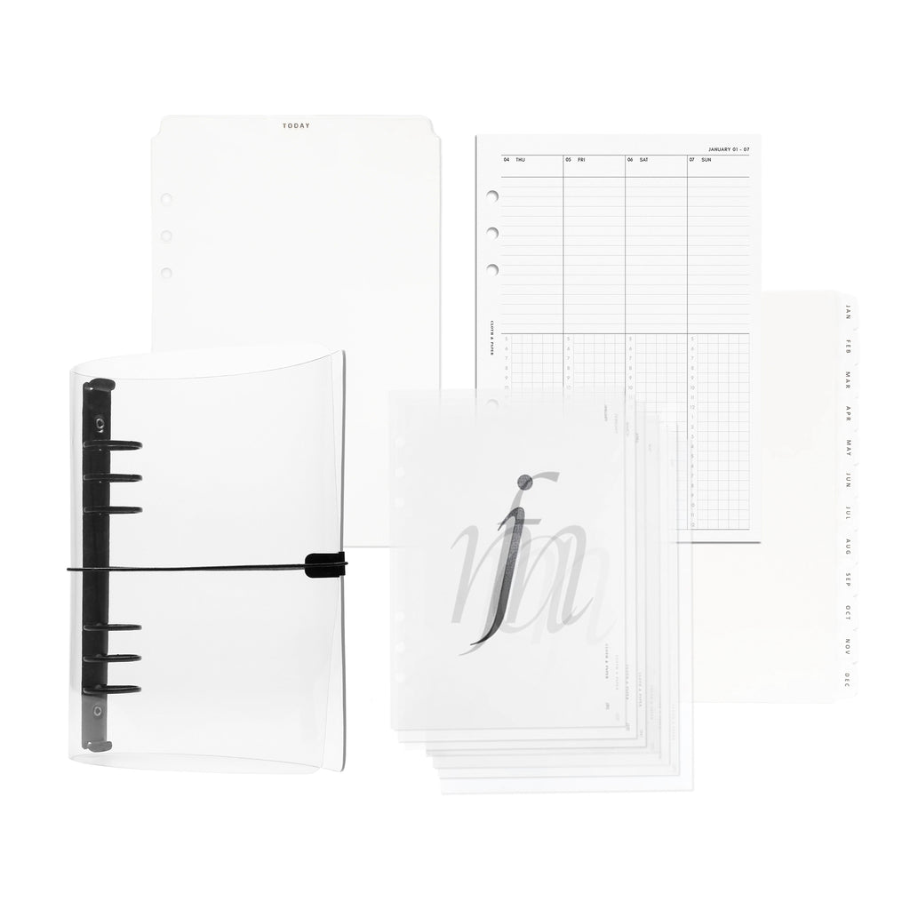 2024 Dated Planner Bundle | Horizontal Weekly, Cloth and Paper. Bundle displayed on a white background - a clear vinyl planner, today tab, 2024 Dated Weekly Schedule Inserts, Monthly Cover Planner Dashboard Set, and Monthly Divider Tabs. Size shown is A5.