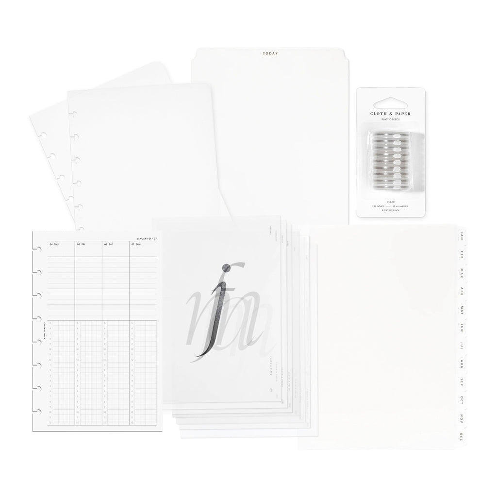 2024 Dated Planner Bundle | Horizontal Weekly, Cloth and Paper. Bundle displayed on a white background - a clear vinyl planner, today tab, 2024 Dated Weekly Schedule Inserts, Monthly Cover Planner Dashboard Set, and Monthly Divider Tabs. Size shown is Half Letter.