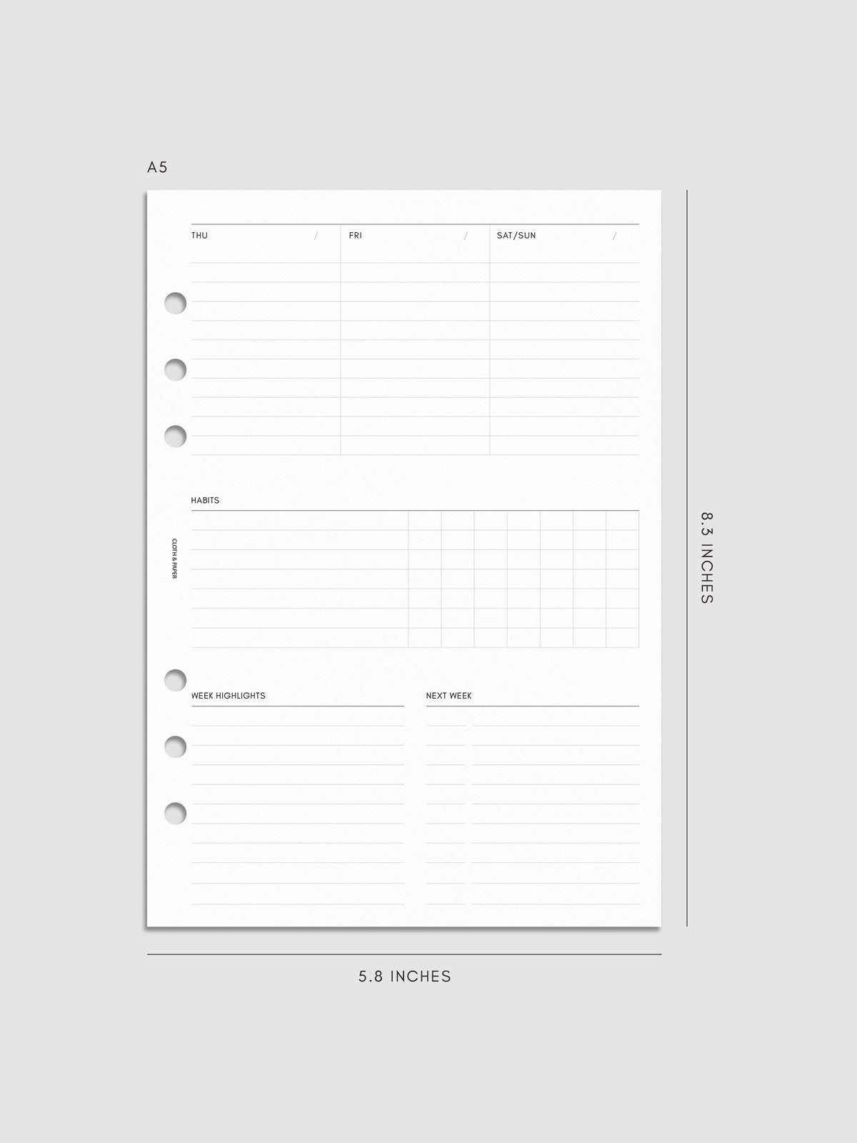 Weekly Essentials Planner Inserts, A5 6-Ring Punch, right page of weekly spread showing columns for Thursday, Friday and a combined Saturday and Sunday, with a Habits tracker grid and Week Highlights and Next Week sections below