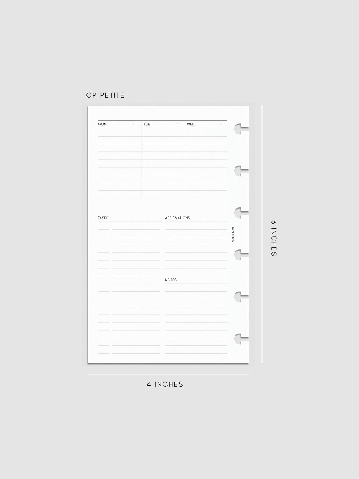 Weekly Essentials Planner Inserts, CP Petite 6-Disc Punch, left page of weekly spread showing columns for Monday, Tuesday and Wednesday, with Tasks, Affirmations and Notes sections below