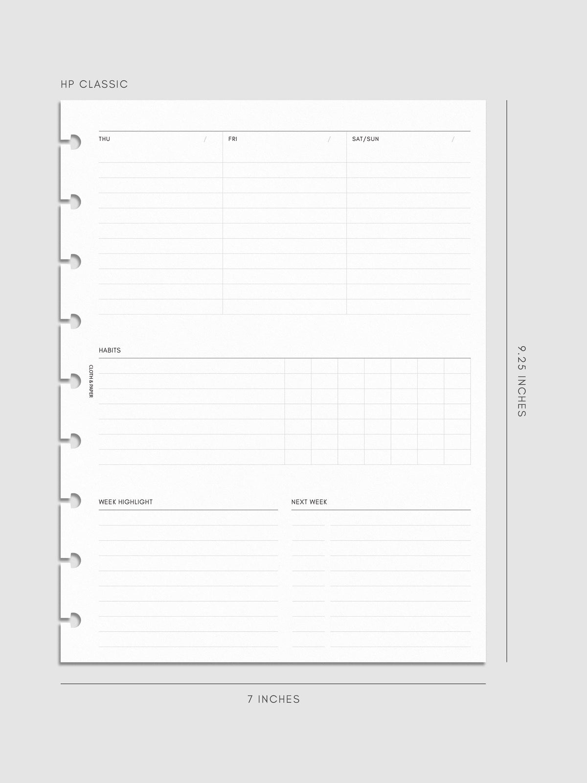 Weekly Essentials Planner Inserts, HP Classic 9-Disc Punch, right page of weekly spread showing columns for Thursday, Friday and a combined Saturday and Sunday, with a Habits tracker grid and Week Highlights and Next Week sections below
