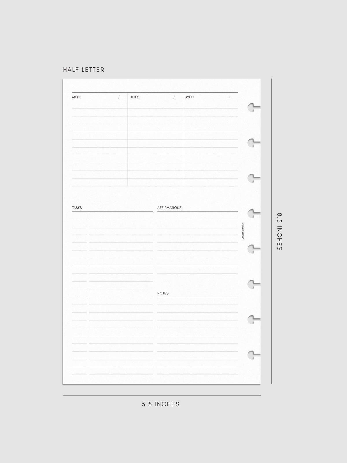 Weekly Essentials Planner Inserts, Half Letter 8-Disc Punch, left page of weekly spread showing columns for Monday, Tuesday and Wednesday, with Tasks, Affirmations and Notes sections below