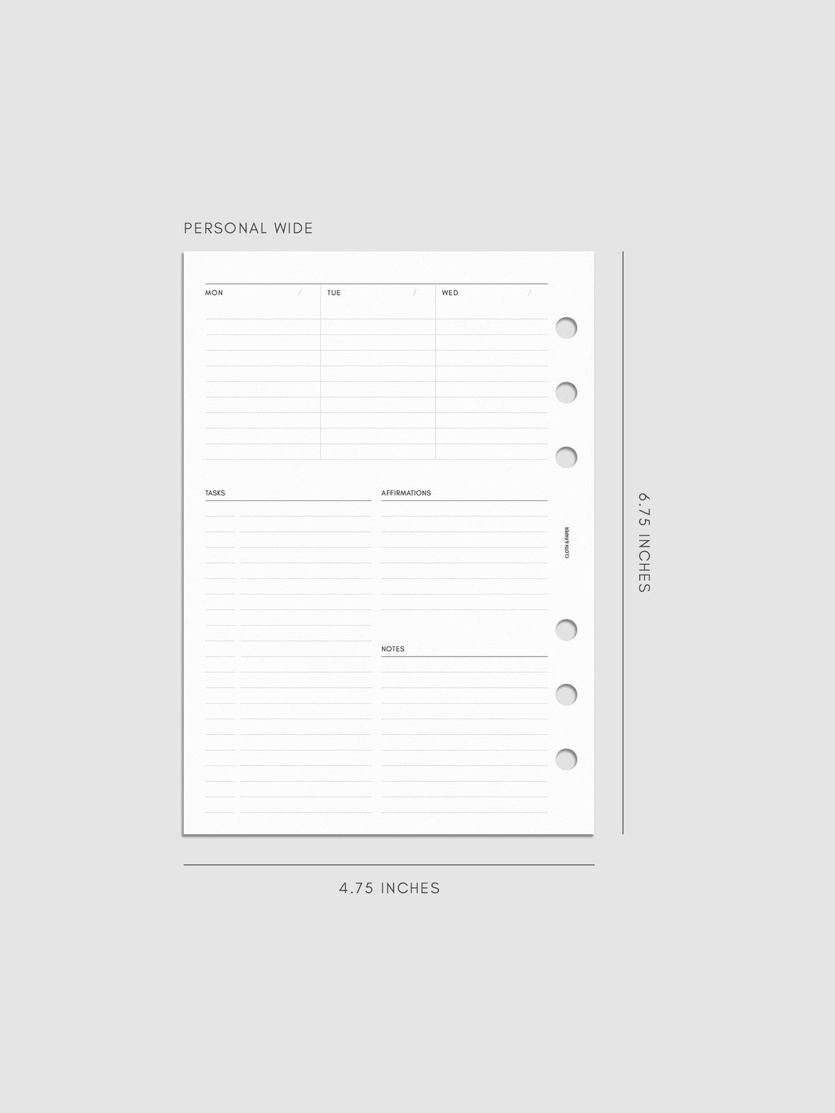 Weekly Essentials Planner Inserts, Personal Wide 6-Ring Punch, left page of weekly spread showing columns for Monday, Tuesday and Wednesday, with Tasks, Affirmations and Notes sections below