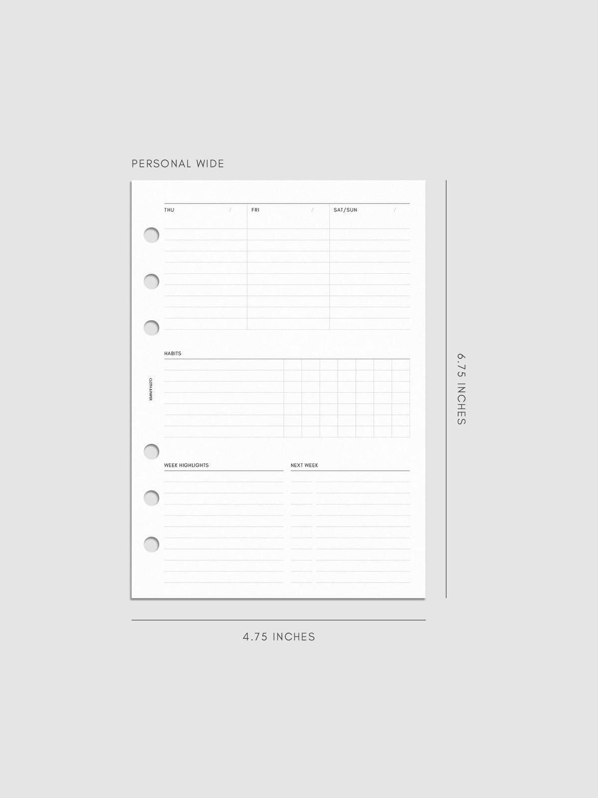 Weekly Essentials Planner Inserts, Personal Wide 6-Ring Punch, right page of weekly spread showing columns for Thursday, Friday and a combined Saturday and Sunday, with a Habits tracker grid and Week Highlights and Next Week sections below