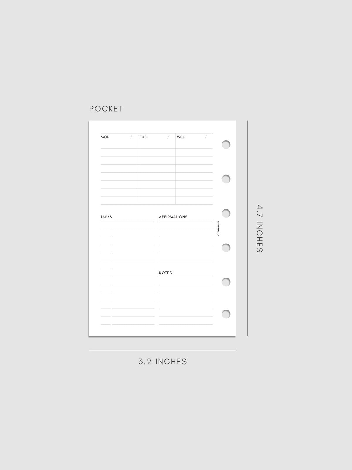 Weekly Essentials Planner Inserts, Pocket 6-Ring Punch, left page of weekly spread showing columns for Monday, Tuesday and Wednesday, with Tasks, Affirmations and Notes sections below