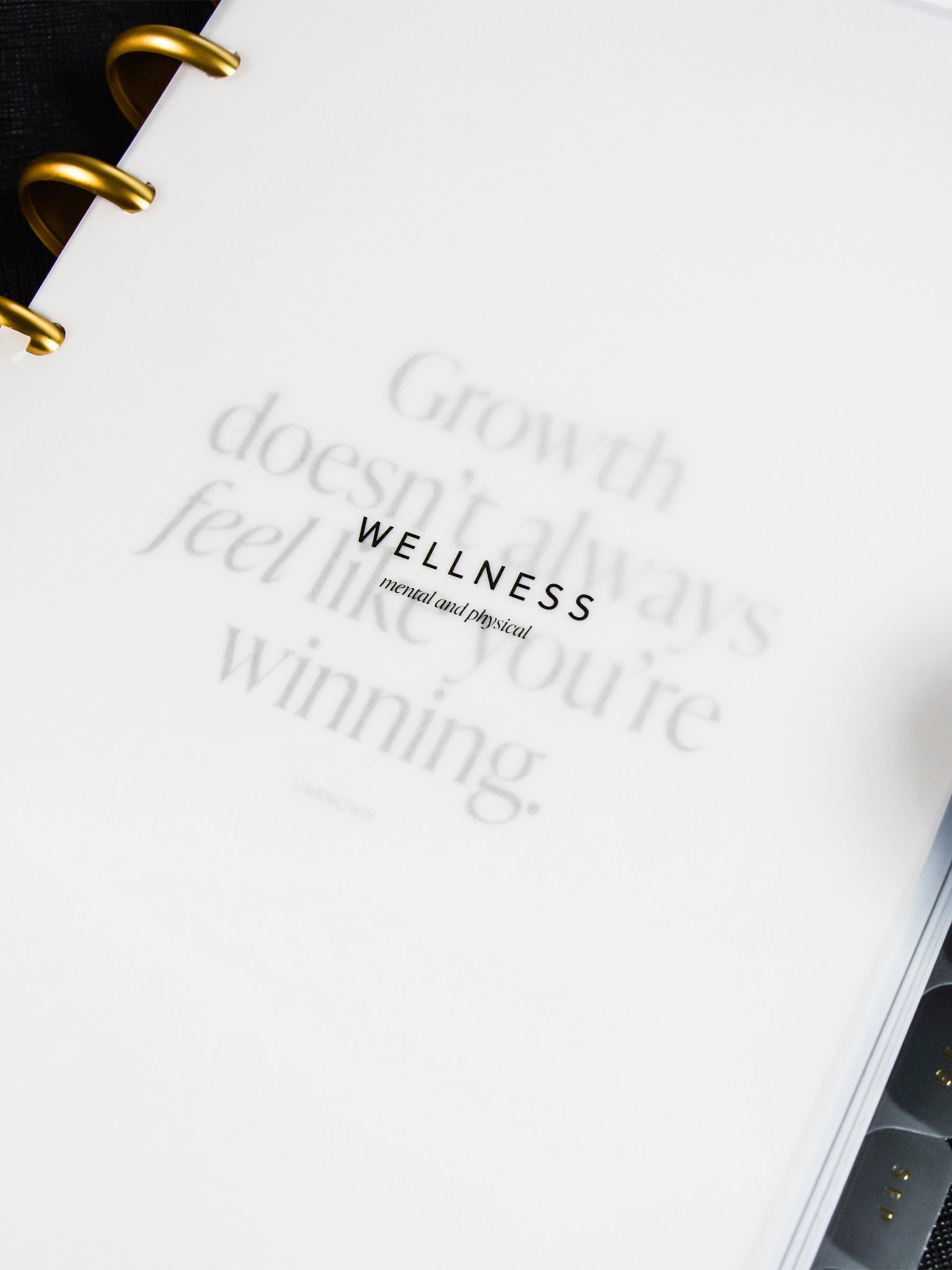 Close up on "Wellness mental and physical" text at center of dashboard. The dashboard is layered over the Daily Wellness Planner Inserts.