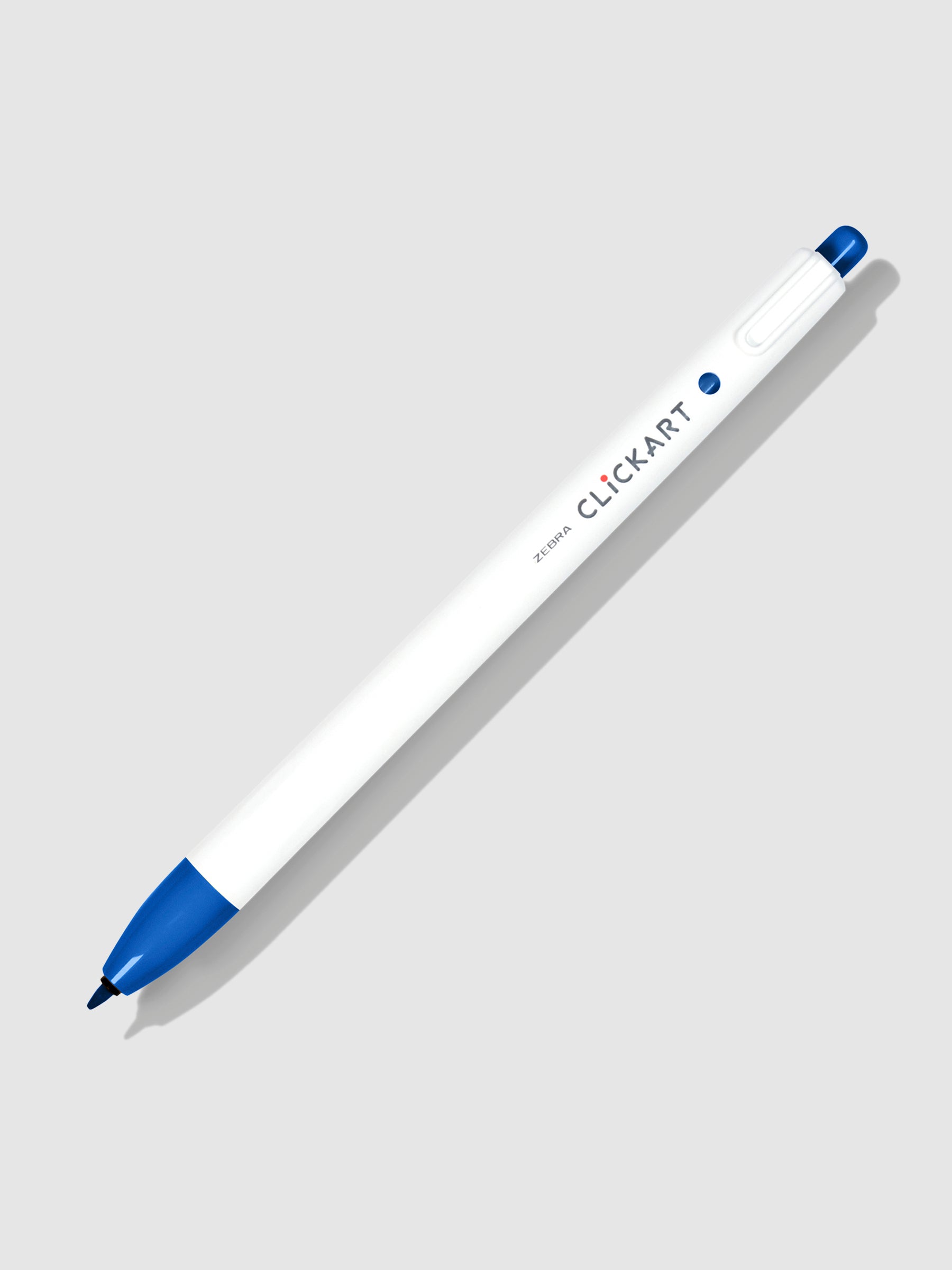 Zebra Clickart Marker in Plae Blue tilted to the right on a neutral background with its nib exposed.