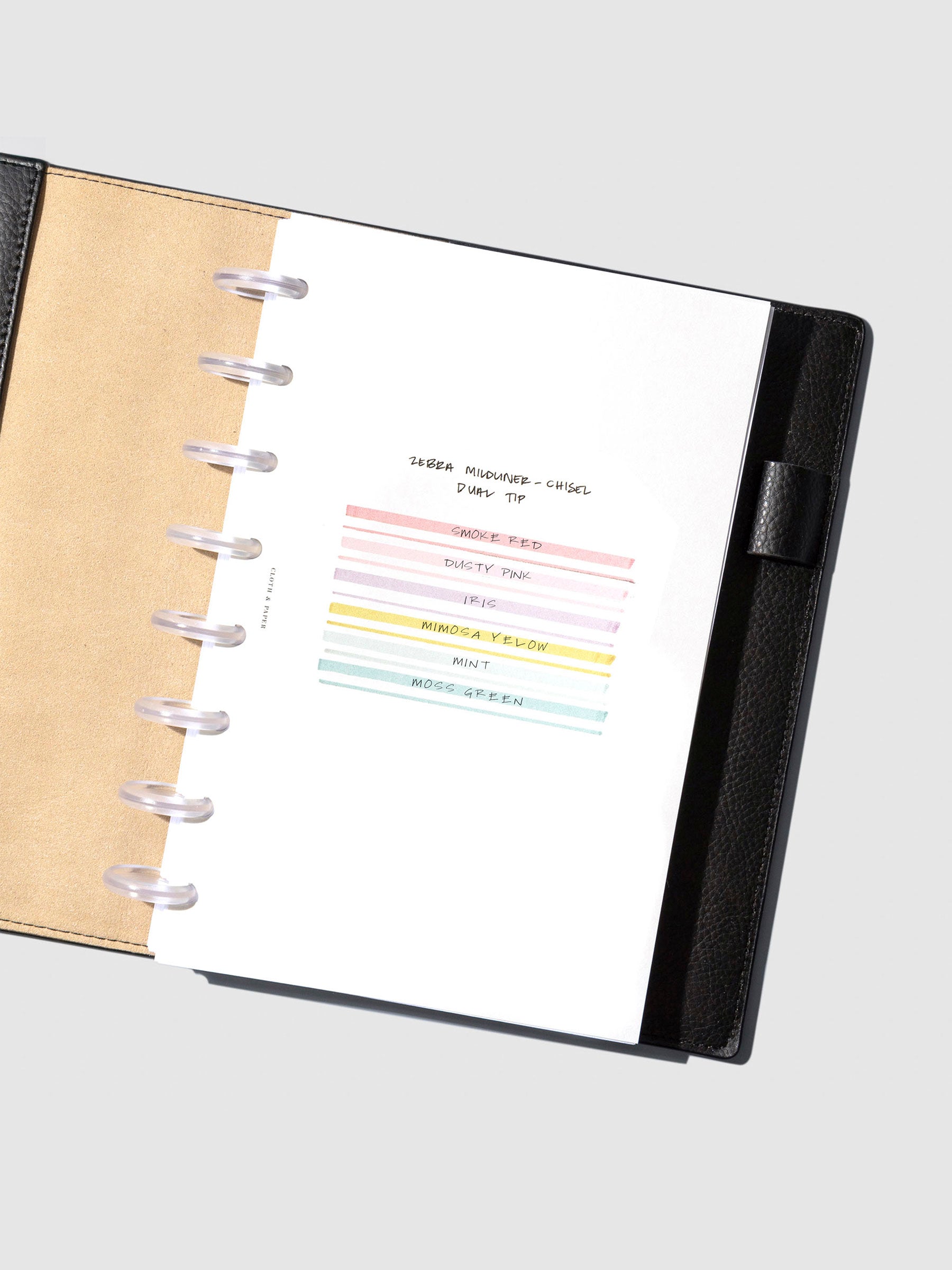 Pen test sheet shown with swatches for dusty pink, iris, mimosa yellow, mint, moss green, and smoke red markers.