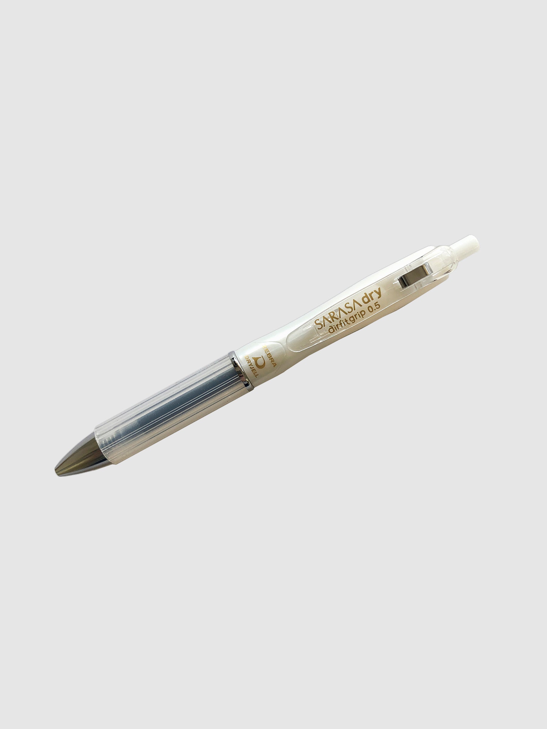 Zebra Sarasa Dry Airfit Grip Rollerball Pen, White, 0.5mm, Cloth & Paper. Pen turned to the left against a neutral background.