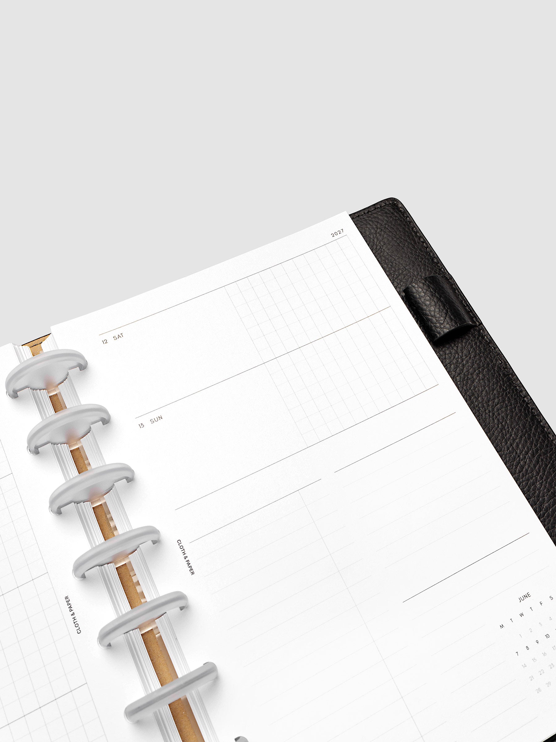 Close-up of the top of the right page of the 2027 Dated Weekly Horizontal Monday Start insert in Half Letter 8-Disc Punch size, showing the weekend dates and tasks and notes columns