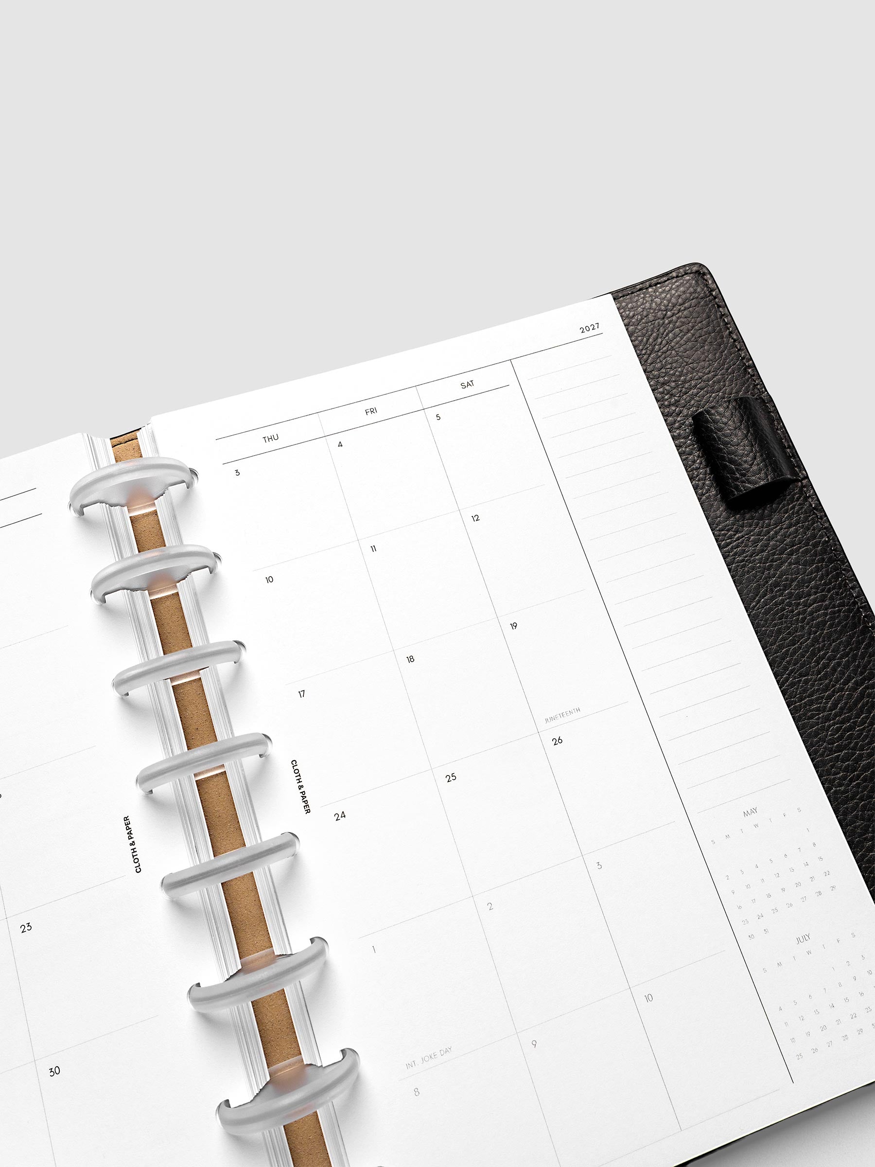 Close-up of the 2027 Dated Monthly Sunday Start right page in Half Letter 8-Disc Punch size, showing the notes colum
