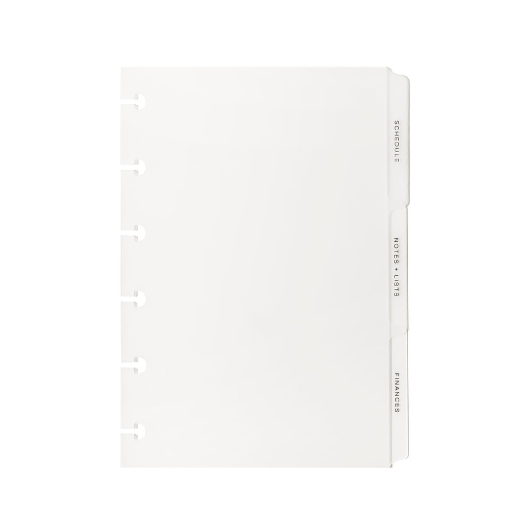 The Essentials Side Tab Planner Dividers, Low Profile, Matte, Cloth and Paper. Black tab dividers displayed on a white background.