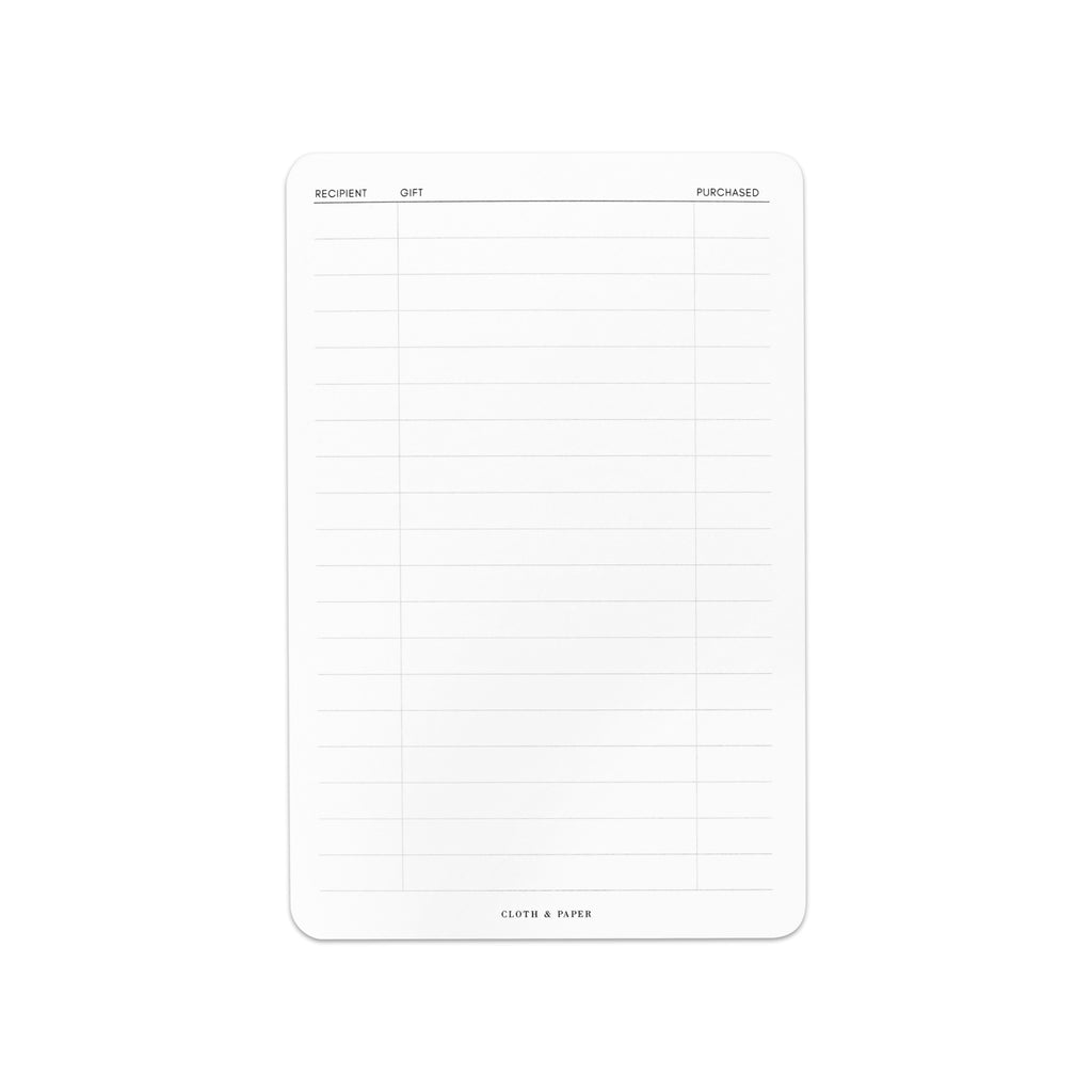 Gift List Notepad, Cloth and Paper. Notepad against a white background.