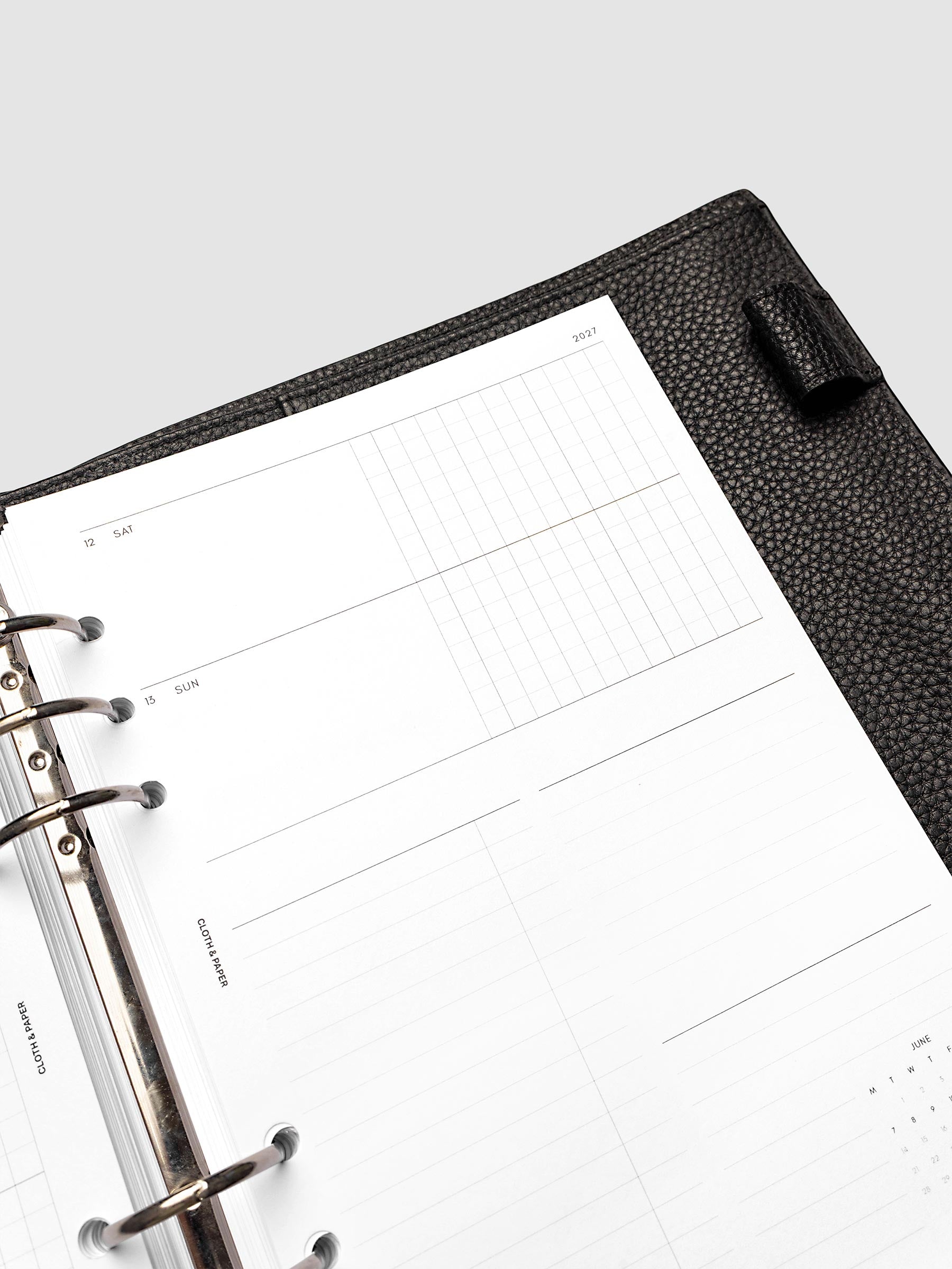 Close-up of the top of the right page of the 2027 Dated Weekly Horizontal Monday Start insert in A5 6-Ring Punch size, showing the weekend dates and tasks and notes columns