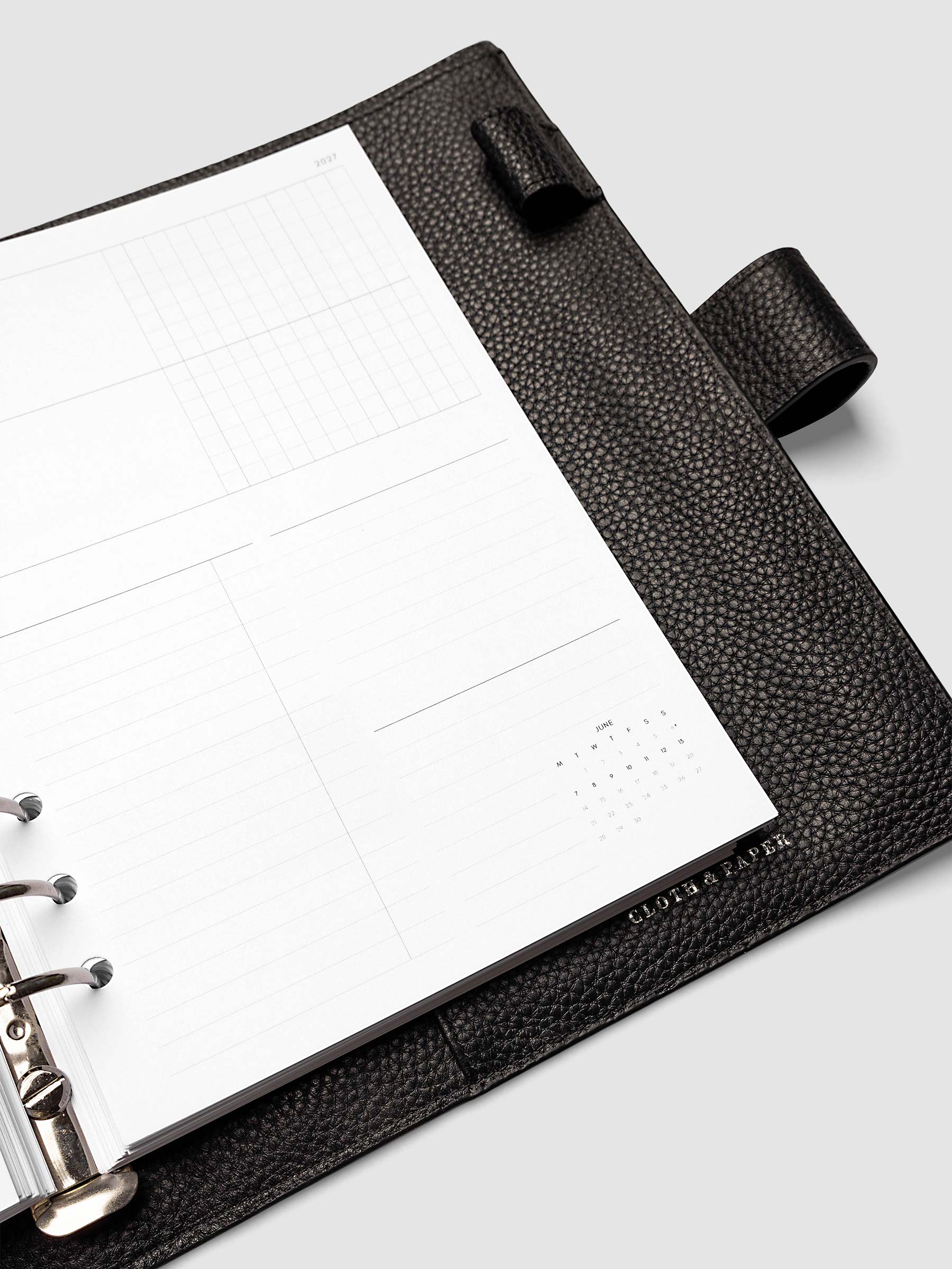 Close-up of the bottom of the right page of the 2027 Dated Weekly Horizontal Monday Start insert in A5 6-Ring Punch size, showing the lower tasks and notes columns and mini monthly calendar in the bottom right corner