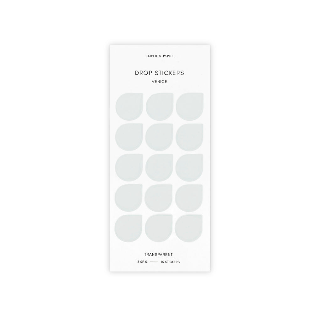 Minimal Shape Sticker Set with Transparent Drops in Venice displayed against a white background.