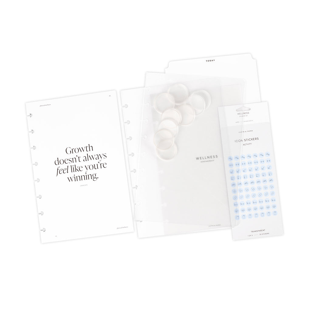 Full bundle contents - planner covers, discs, insert, Today Tab, and planner stickers - are arranged on a white background.