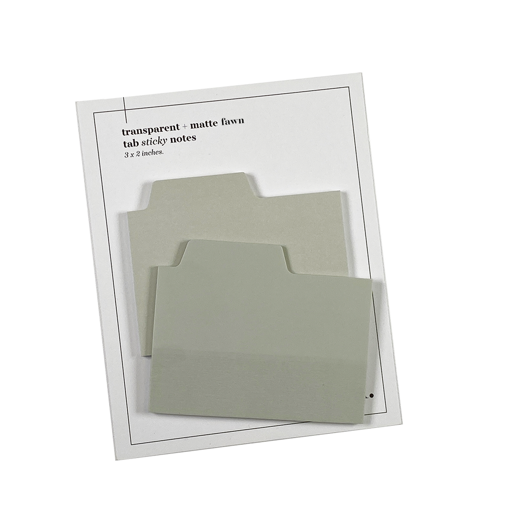 Blank Tab Sticky Note Set, Fawn, Cloth and Paper. Sticky note set displayed against a white background. The matte sticky note pad is attached to the sticky note backing, while the transparent sticky note pad is layered on top of it, turned slightly to the right.