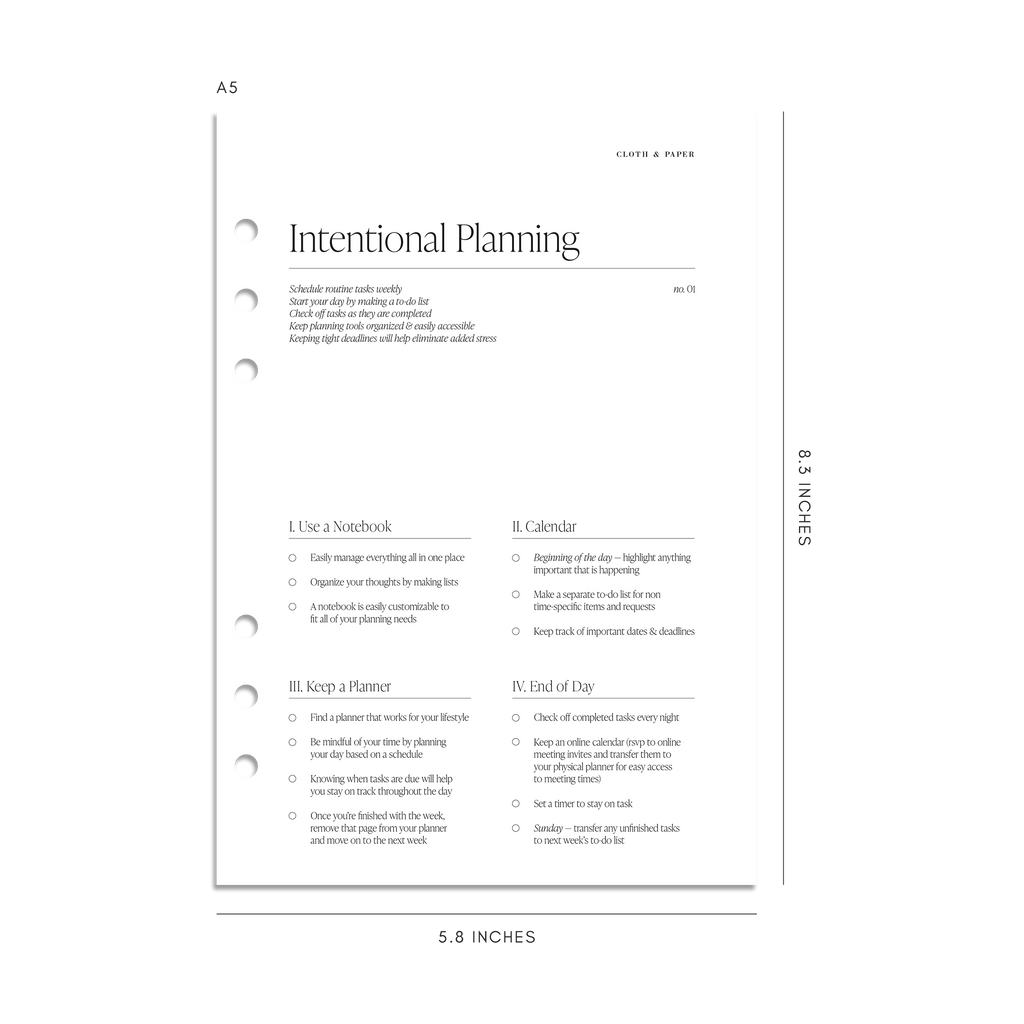 Intentional Planning Planner Dashboard mockup in A5 sizing.