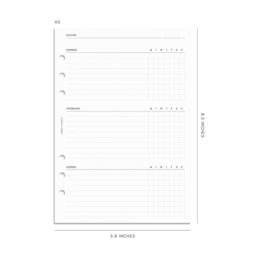 Digital mockup of insert in A5 sizing. Page shown is routine planner.