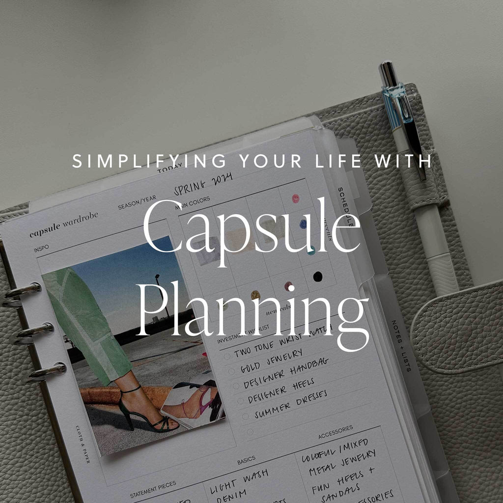 A leather planner lies open on a flat surface, revealing a filled-out page. A pen is nestled in the pen loop attached to the planner. Overlaid on the image is white text that reads 'Simplifying Your Life With Capsule Planning'.