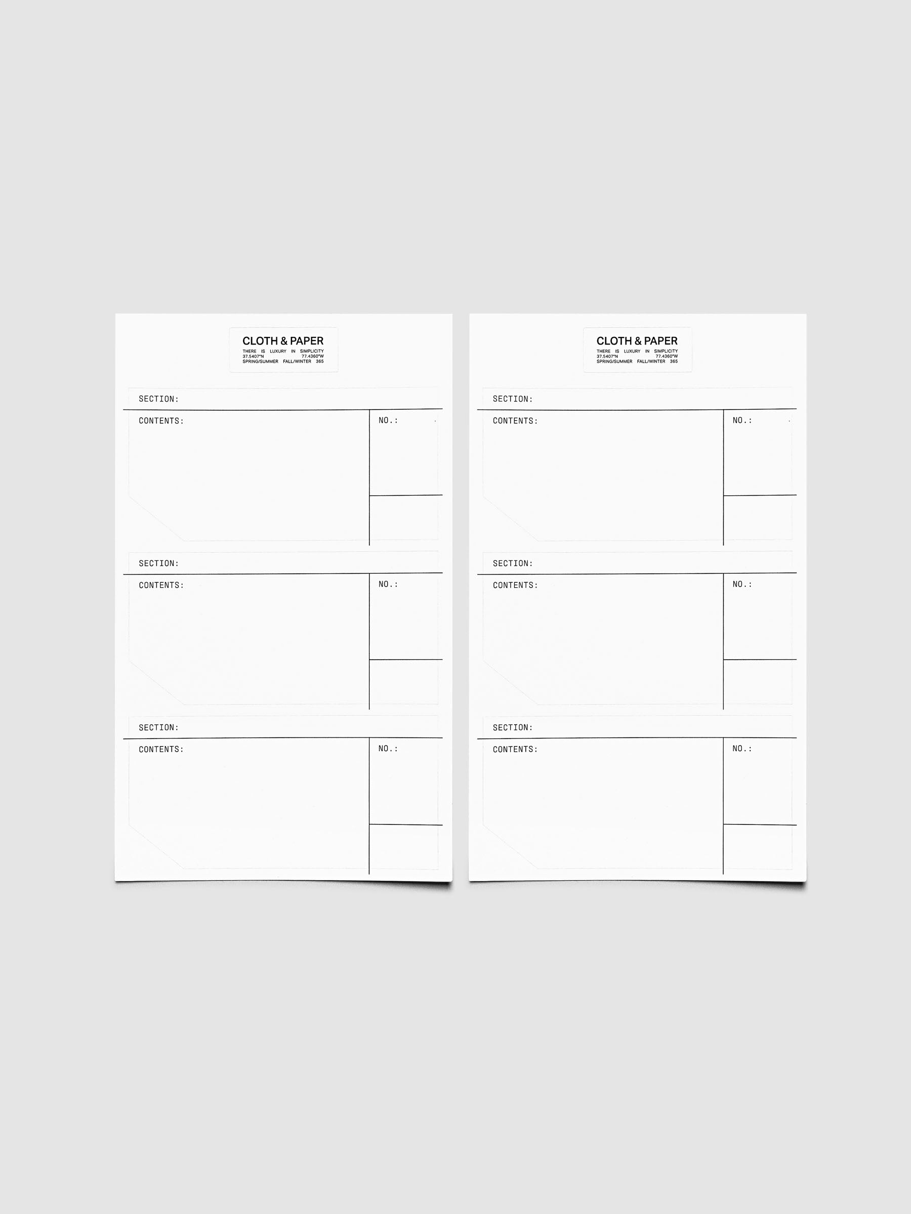 Two large sheets of label stickers with headers for section, contents, and number.