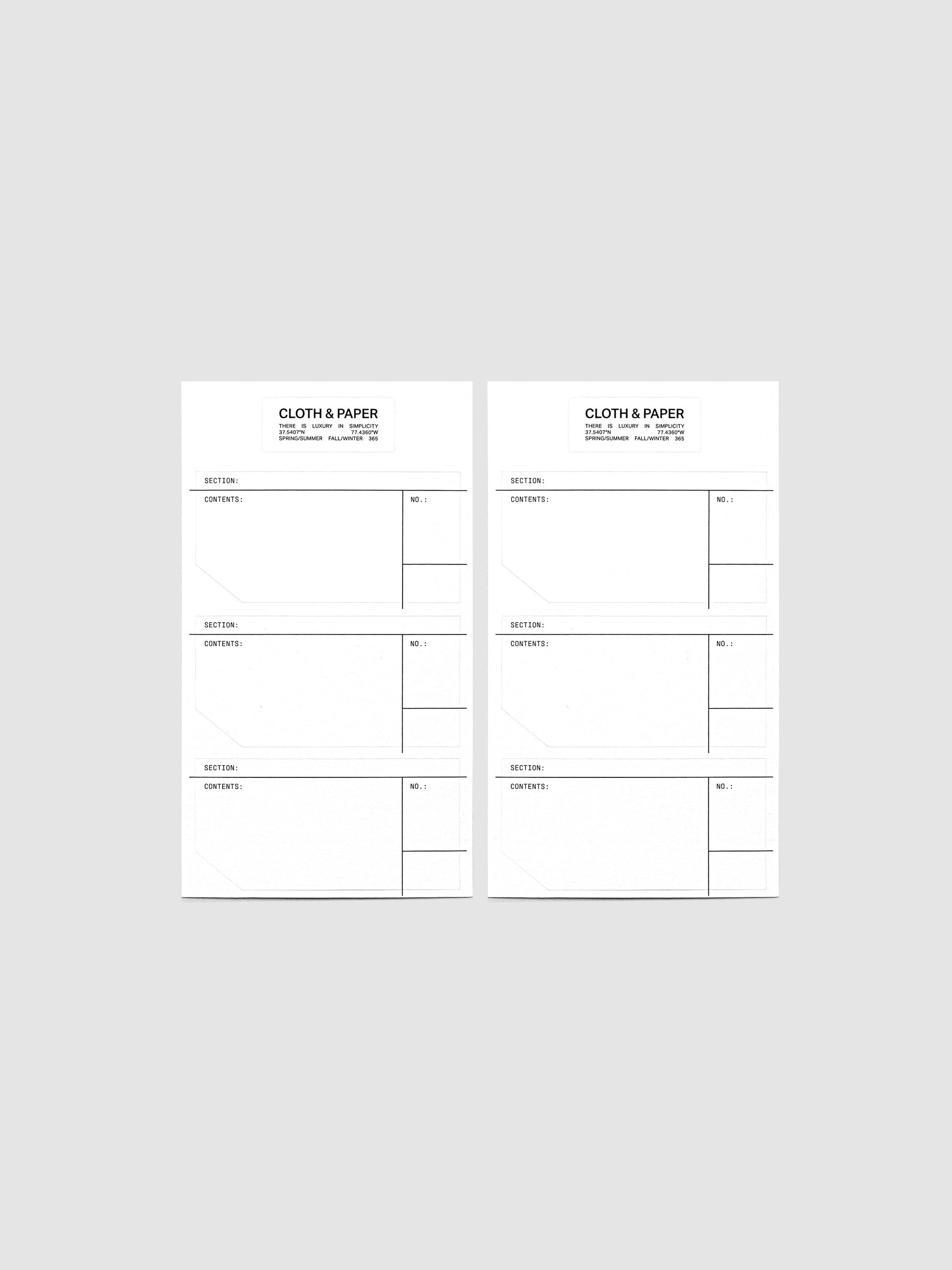 Two small sheets of sticker labels with headers for section, contents and number.