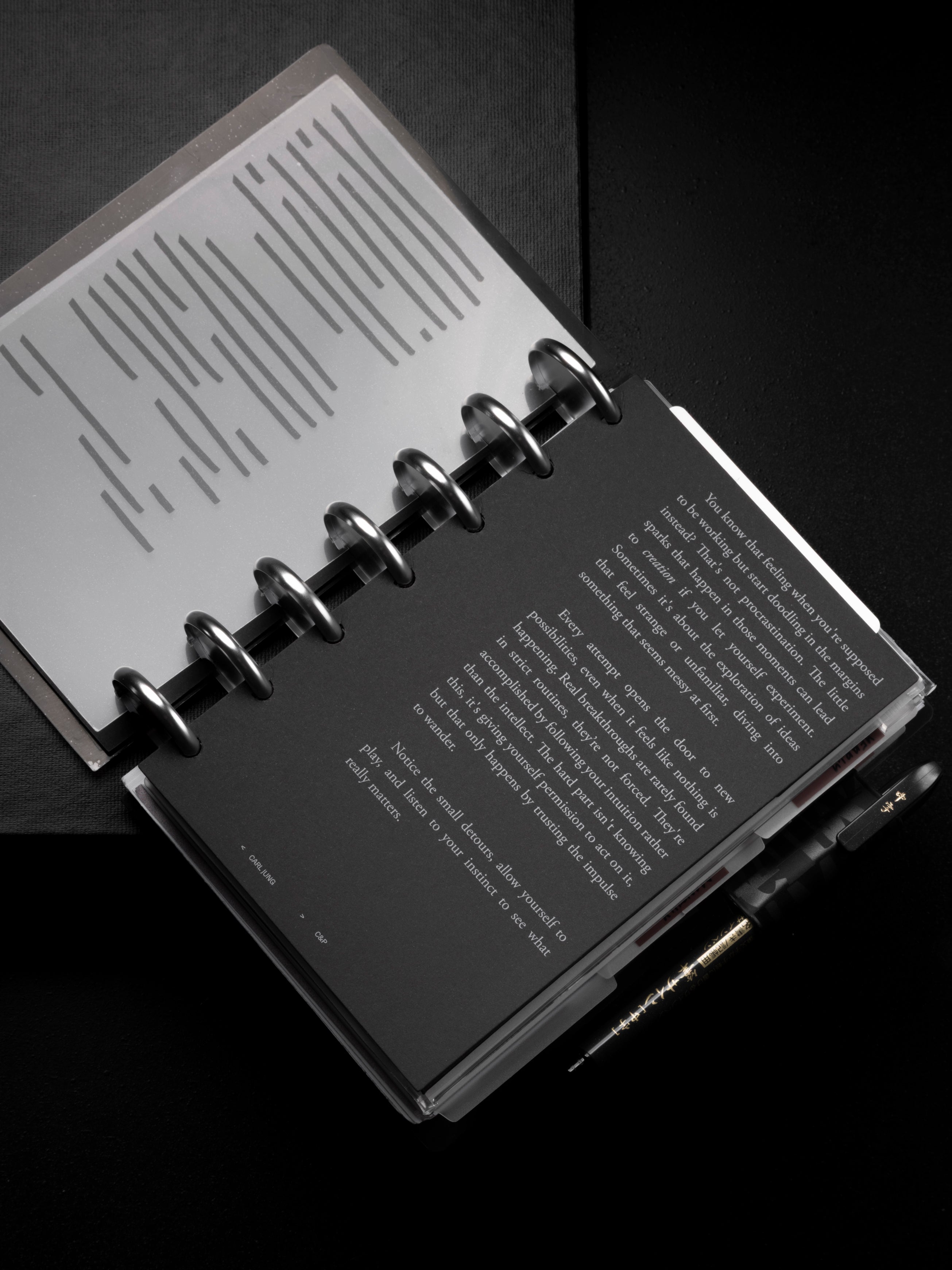 Black and white planner dashboard shown in size HP Mini 7-Disc Punch
