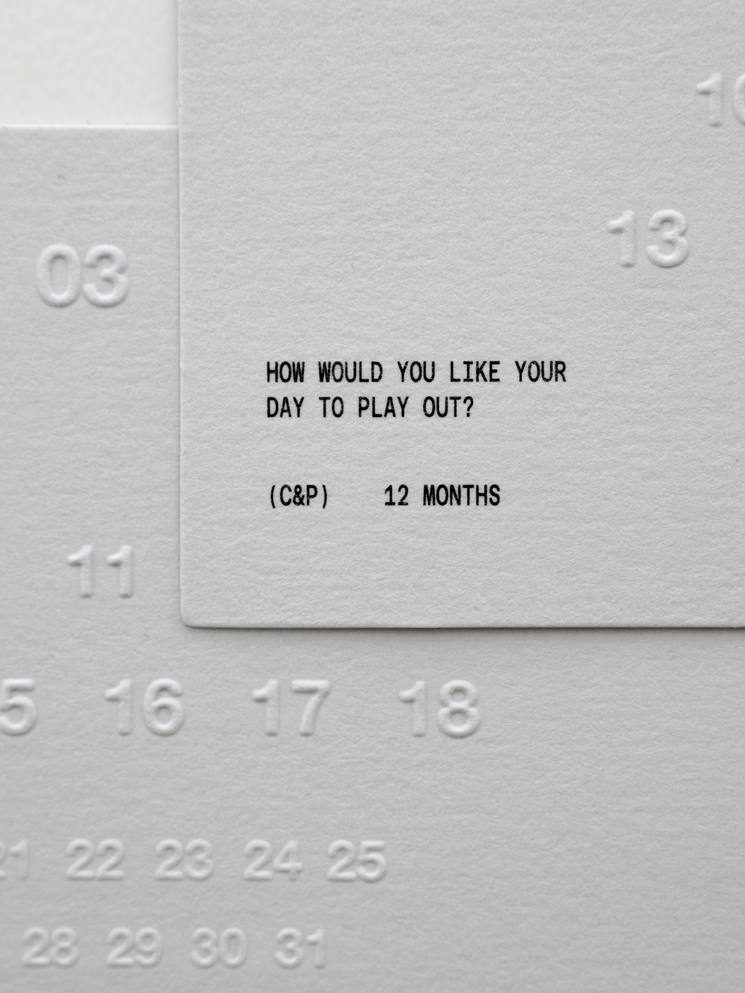 Detail view of the Play Out Journaling Card of black text reading, "How would you like your day to play out?"