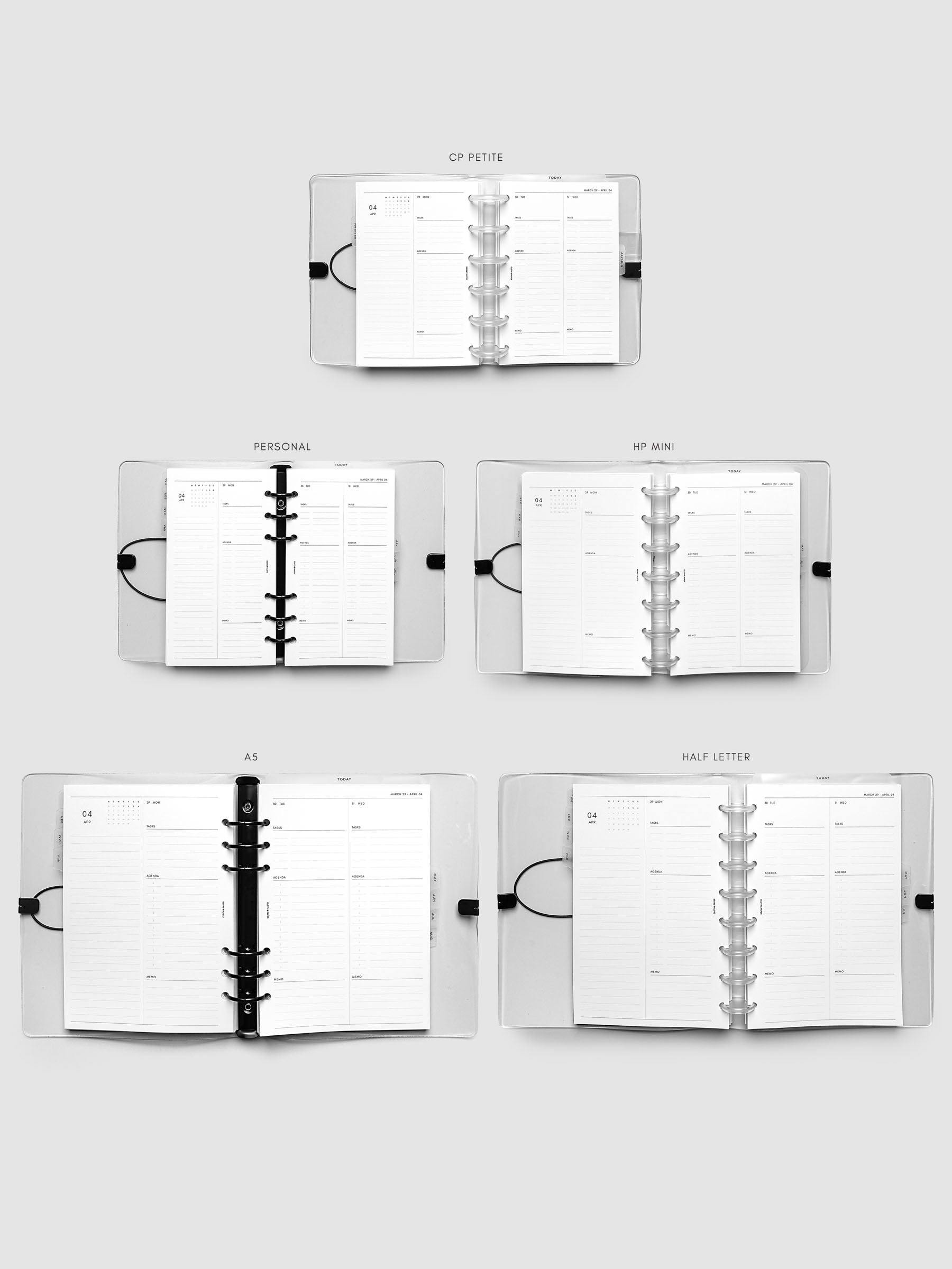 Five open planners of different sizes arranged in a grid and labeled CP Petite, Personal, HP Mini, A5, and Half Letter, each showing the same weekly spread layout for comparison