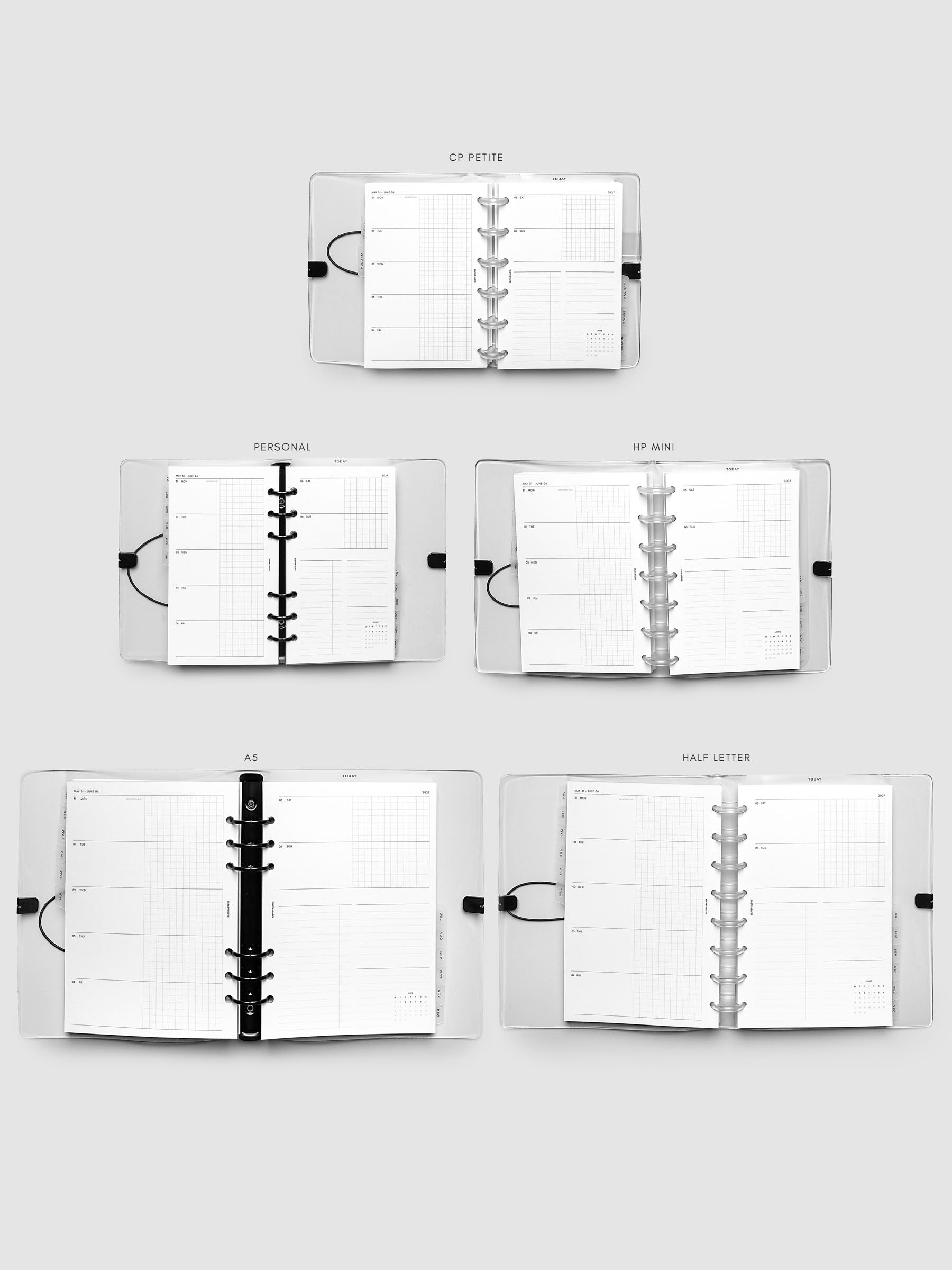 Five open planners of different sizes arranged in a grid and labeled CP Petite, Personal, HP Mini, A5, and Half Letter, each showing the same weekly horizontal spread for comparison