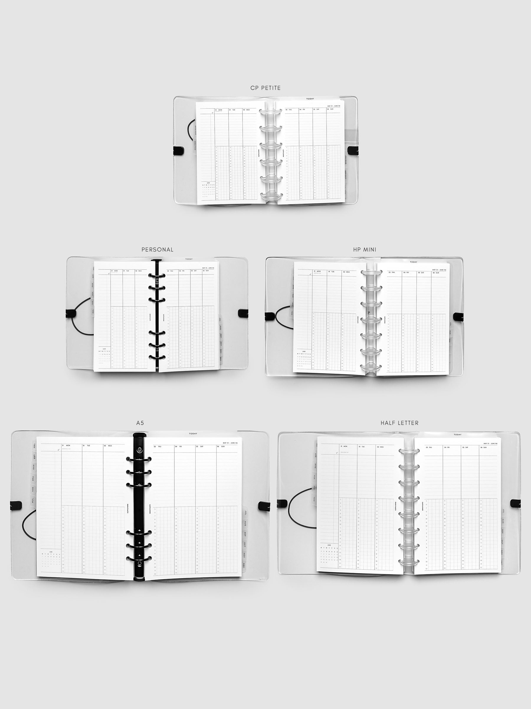 Five open planners of different sizes arranged in a grid and labeled CP Petite, Personal, HP Mini, A5, and Half Letter, each showing the same weekly time block spread for comparison