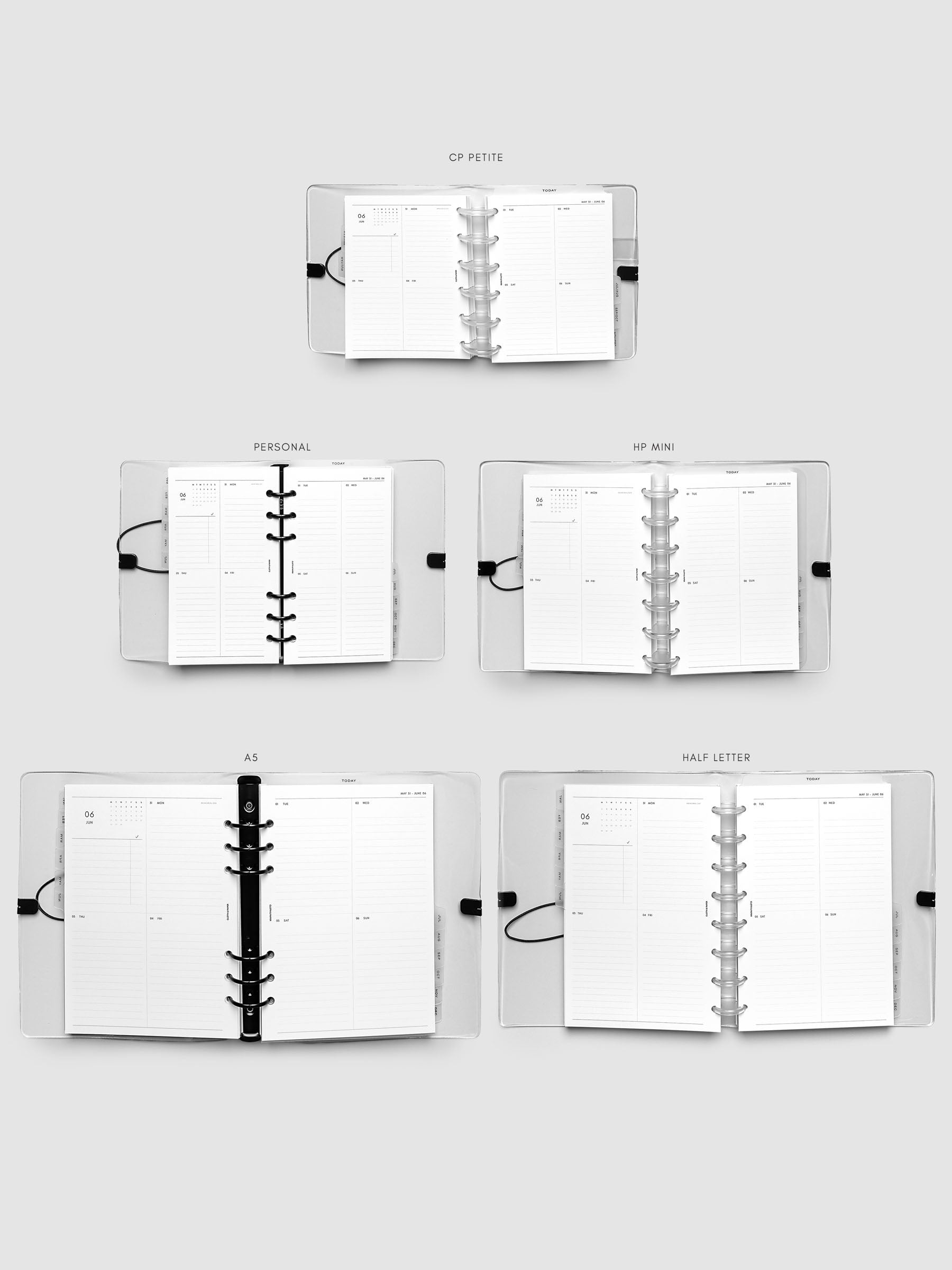 Five open planners of different sizes arranged in a grid and labeled CP Petite, Personal, HP Mini, A5, and Half Letter, each showing the same weekly vertical spread for comparison