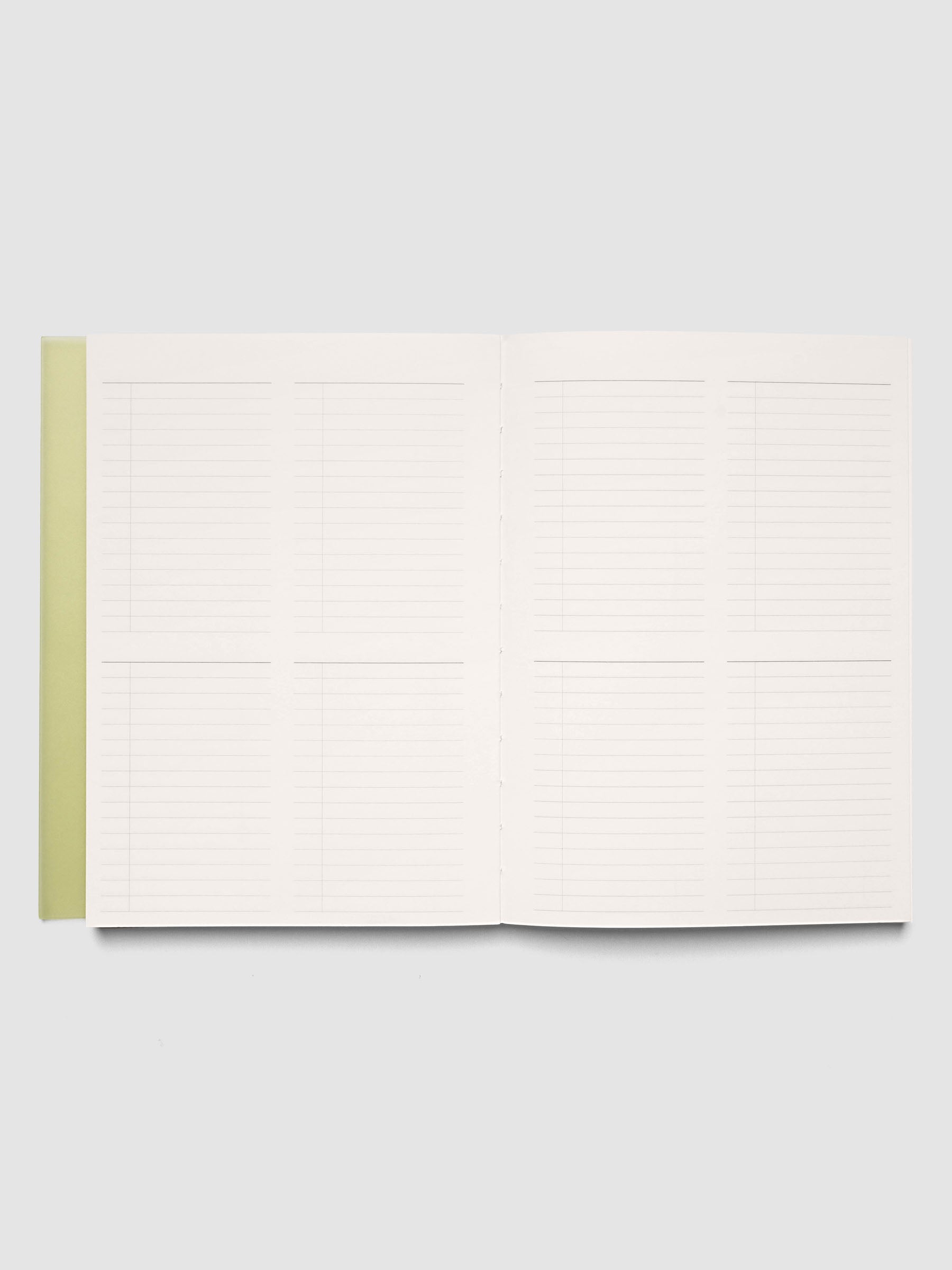 Perfect Bound Notebook | A5 | Quad Checklist shown open and laid flat, both pages divided into four checklist sections