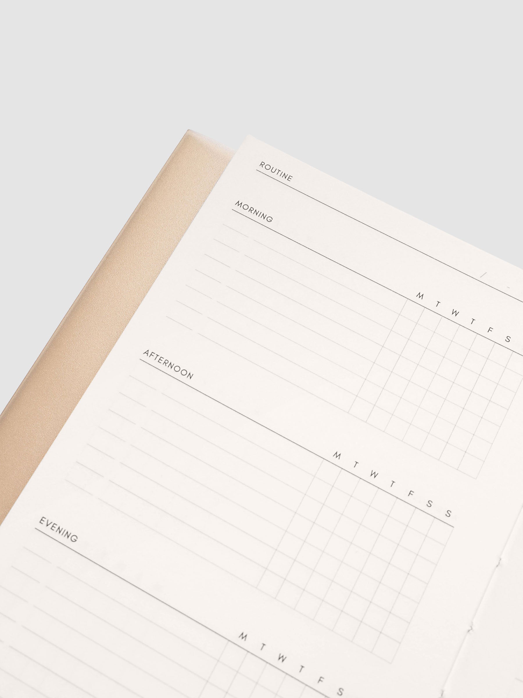Close up of the Perfect Bound Notebook | CP Petite | Routine Builder open at an angle, blush spine edge beside a ruled routine layout