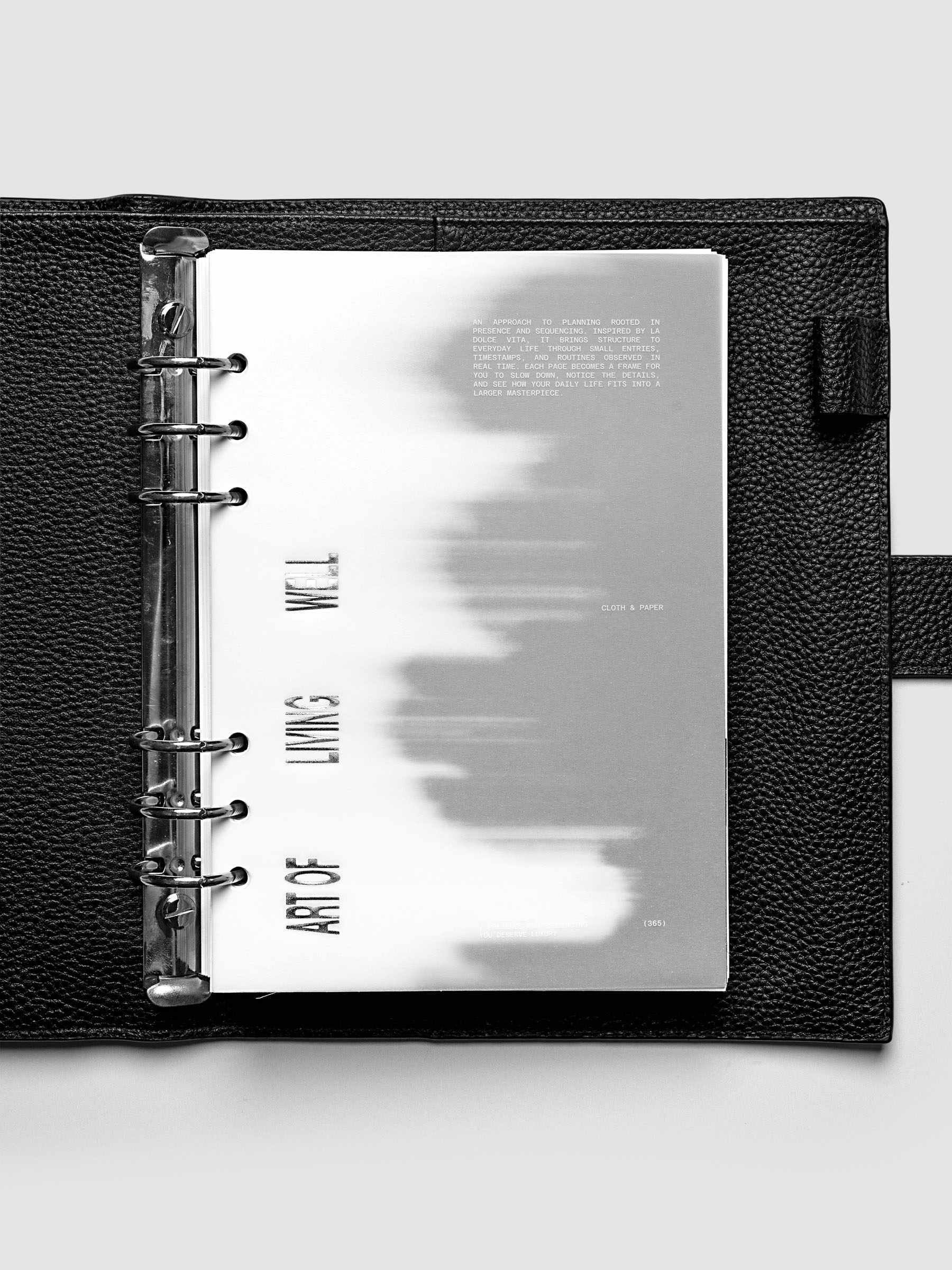 La Dolce Vita Dashboard Duo in A5 6-Ring Punch, a vellum overlay printed in white ink with silver foil layered over a soft gray gradient cardstock base on a light gray background
