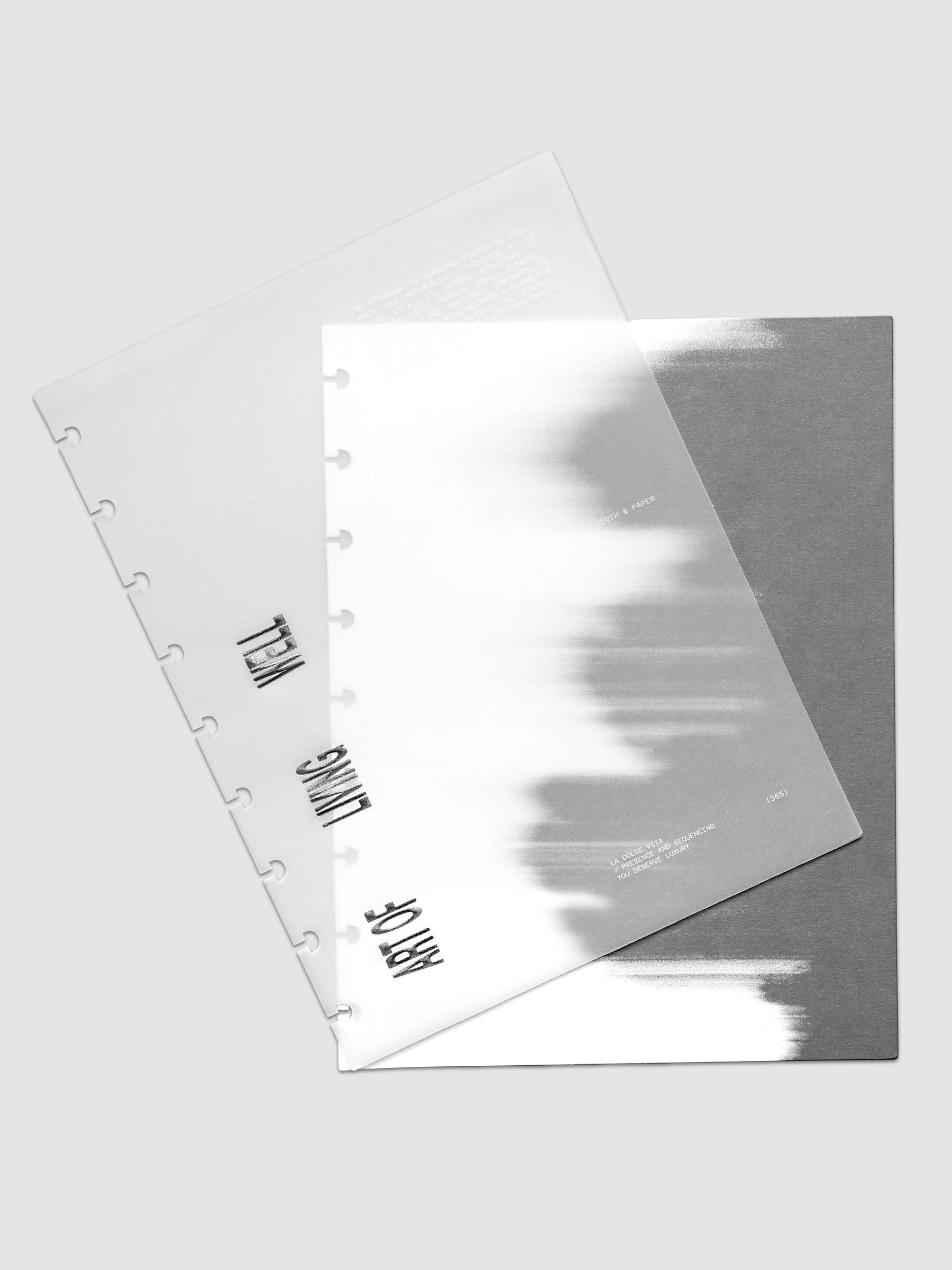 La Dolce Vita Dashboard Duo in HP Classic 9-Disc Punch, a vellum overlay printed in white ink with silver foil layered over a soft gray gradient cardstock base on a light gray background