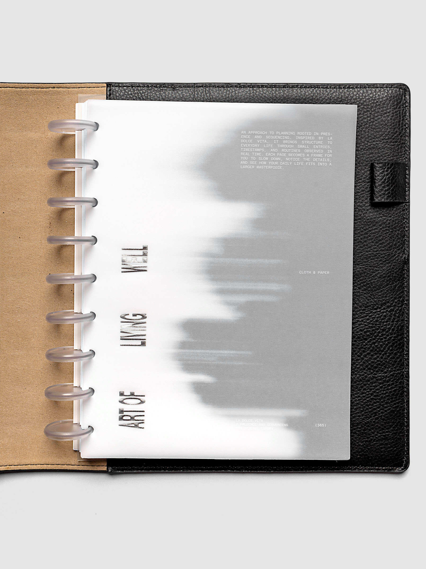 La Dolce Vita Dashboard Duo in HP Classic 9-Disc Punch, a vellum overlay printed in white ink with silver foil layered over a soft gray gradient cardstock base on a light gray background