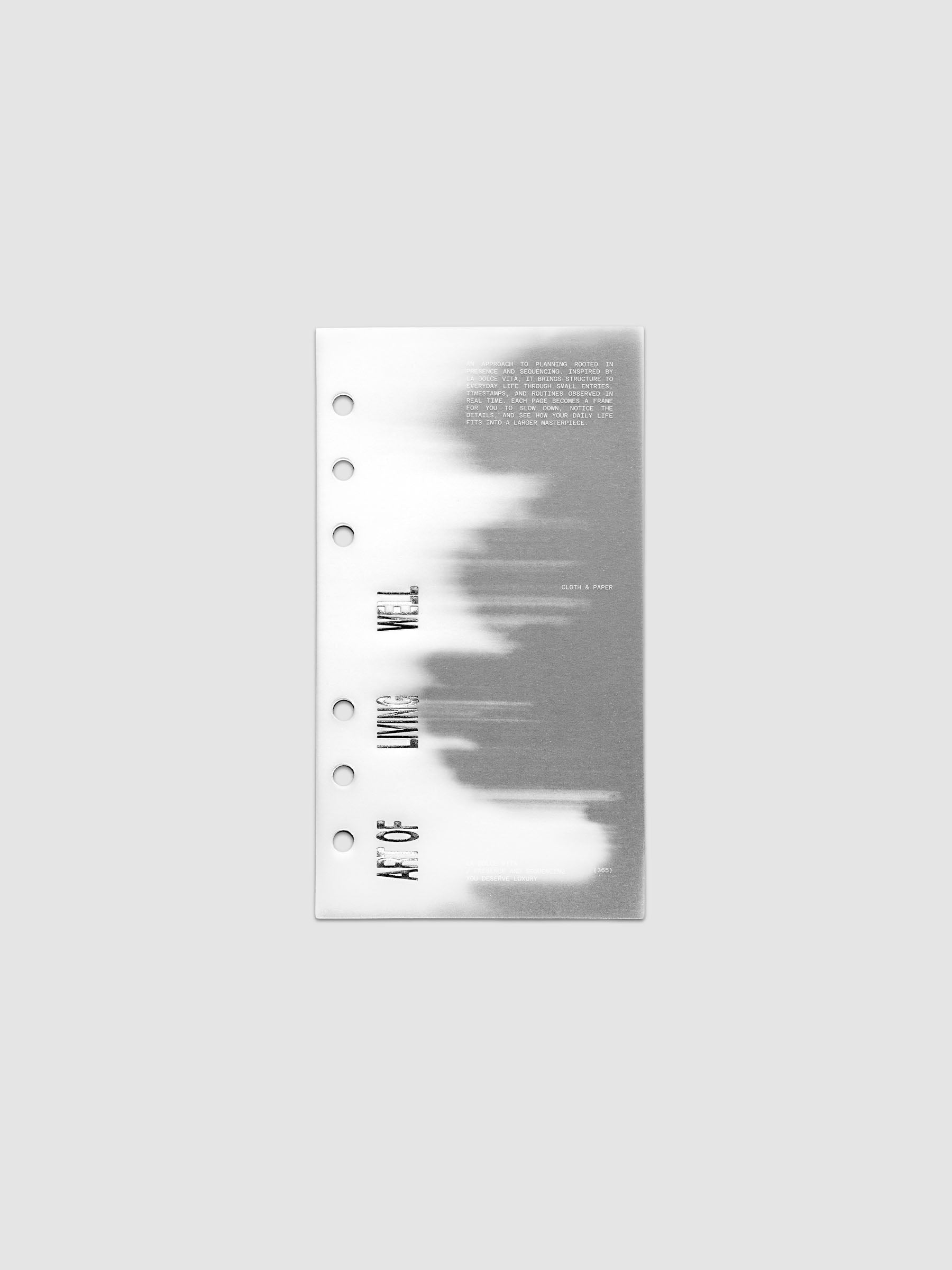 La Dolce Vita Dashboard Duo in Personal 6-Ring Punch, a vellum overlay printed in white ink with silver foil layered over a soft gray gradient cardstock base on a light gray background